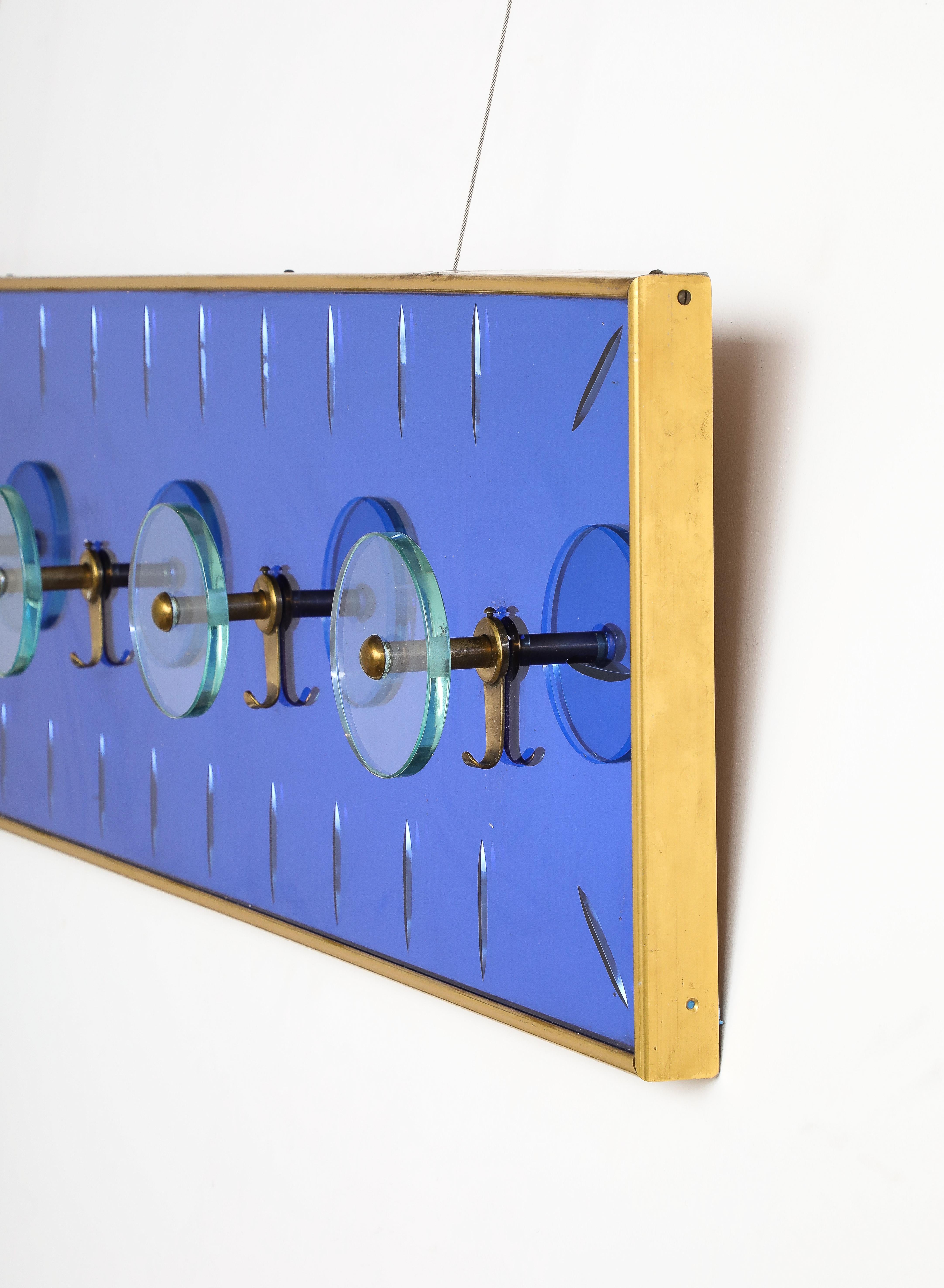 Italian Cristal Art Wall Mounted Blue Glass Coat or Hat Rack, Turin Italy, circa 1950's  For Sale