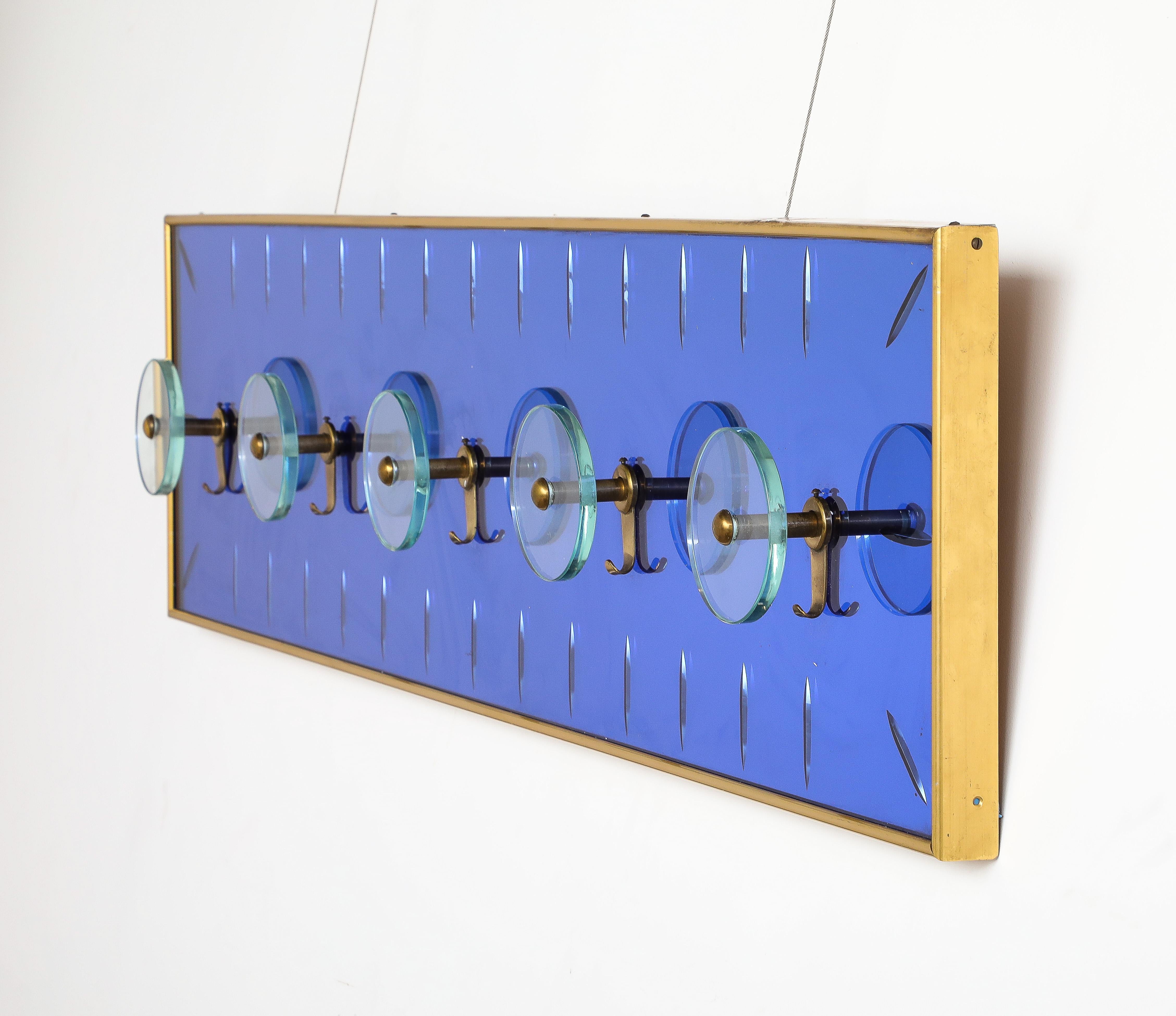 Gilt Cristal Art Wall Mounted Blue Glass Coat or Hat Rack, Turin Italy, circa 1950's  For Sale