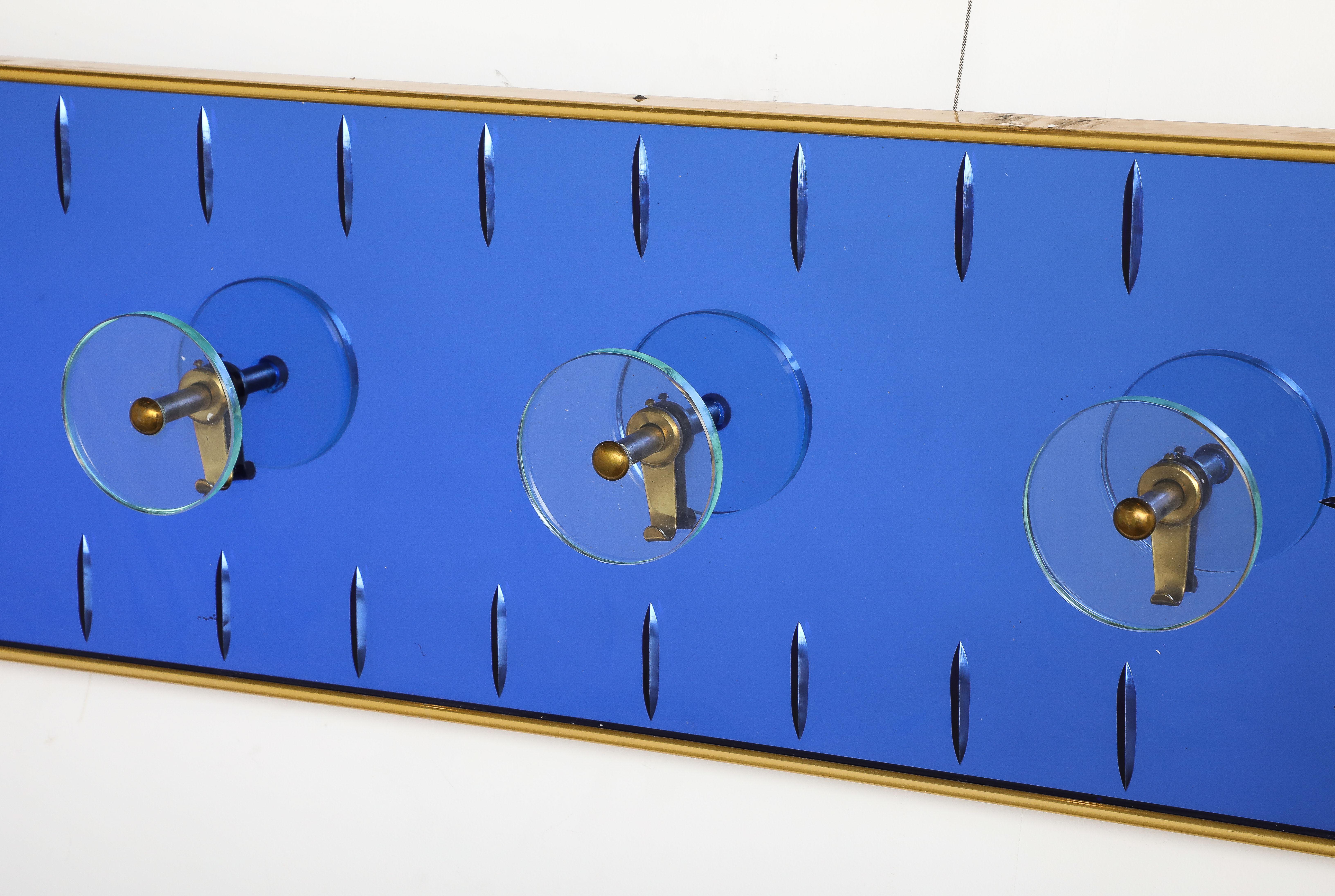 Brass Cristal Art Wall Mounted Blue Glass Coat or Hat Rack, Turin Italy, circa 1950's  For Sale