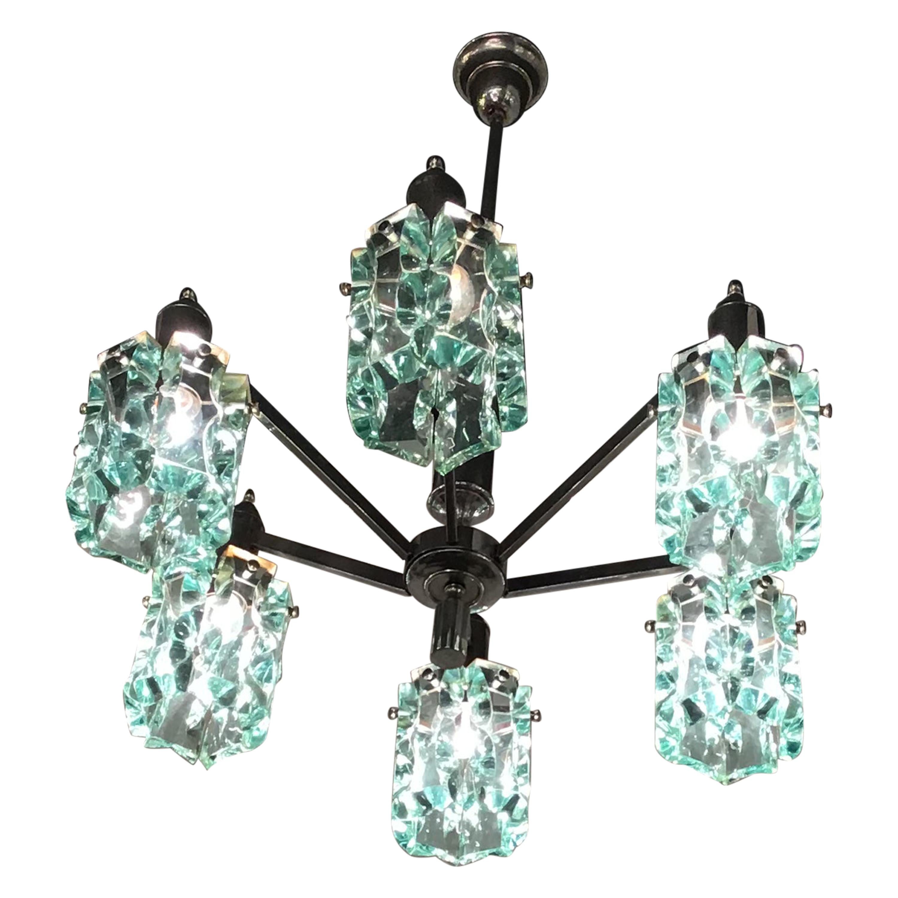 Cristal Arte Chandelier glass Metal Crome 1950 Italy  For Sale