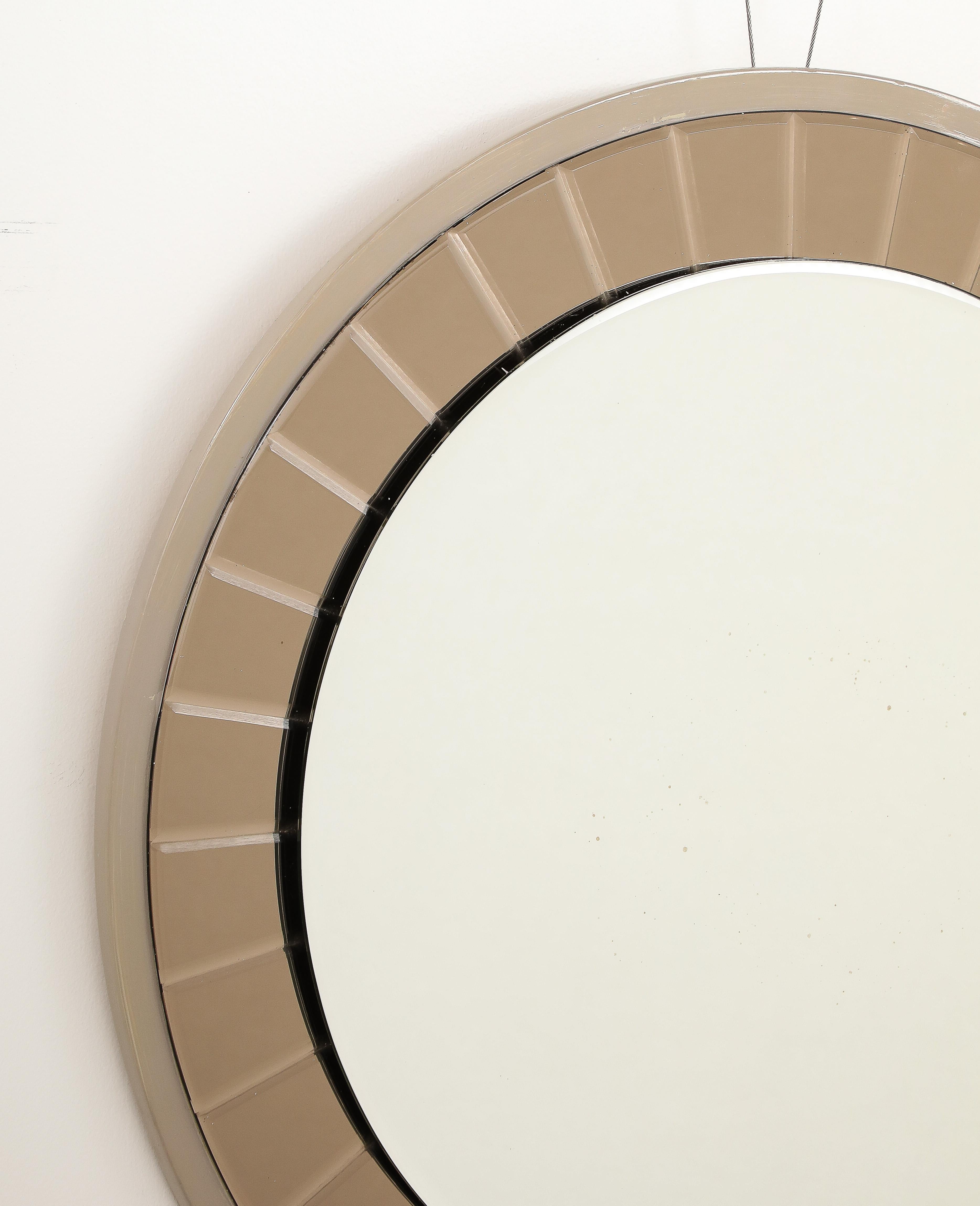 Mid-Century Modern Cristal Arte Faceted Crystal Grey Glass Circular Mirror, circa 1960 For Sale