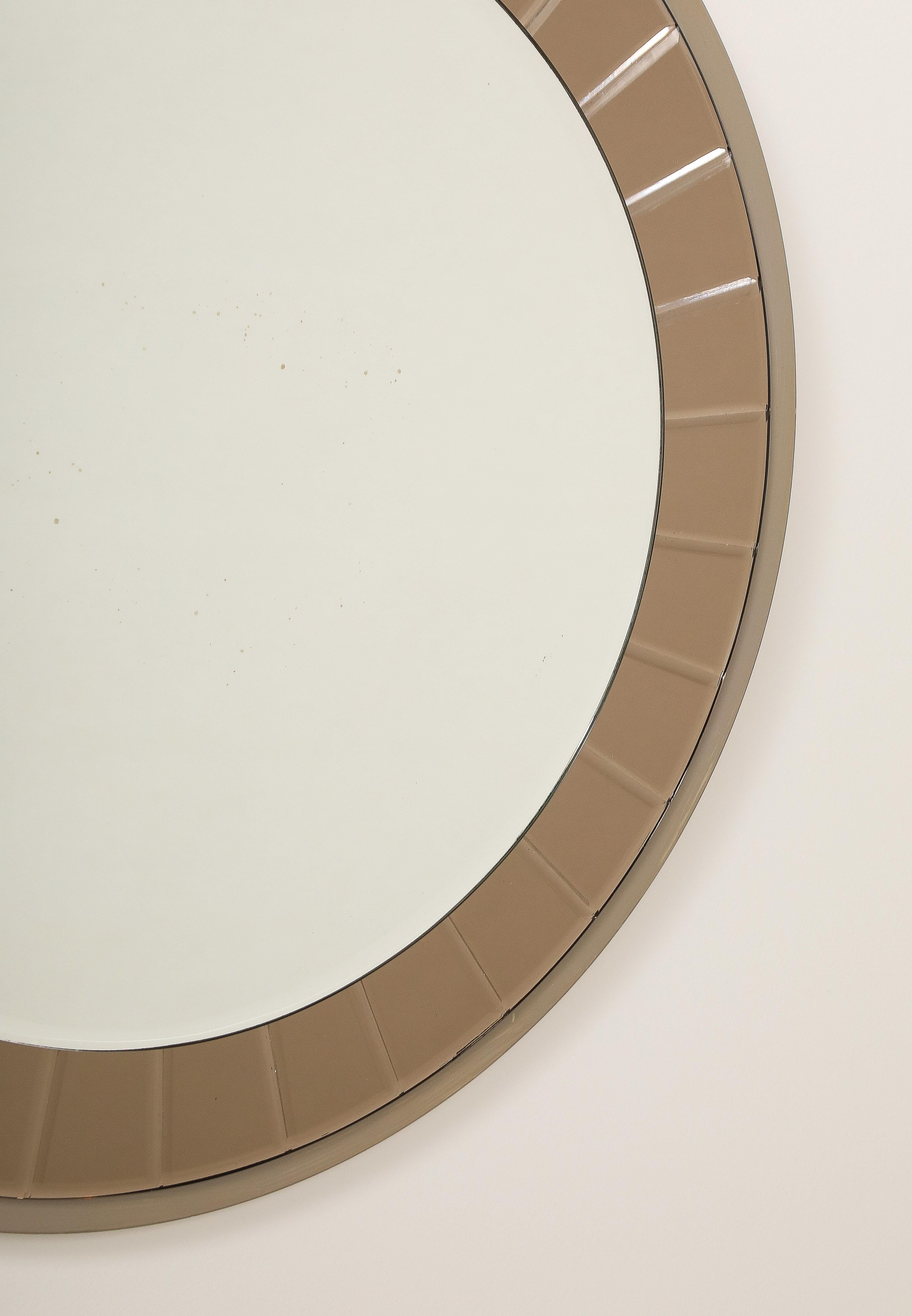 Italian Cristal Arte Faceted Crystal Grey Glass Circular Mirror, circa 1960 For Sale