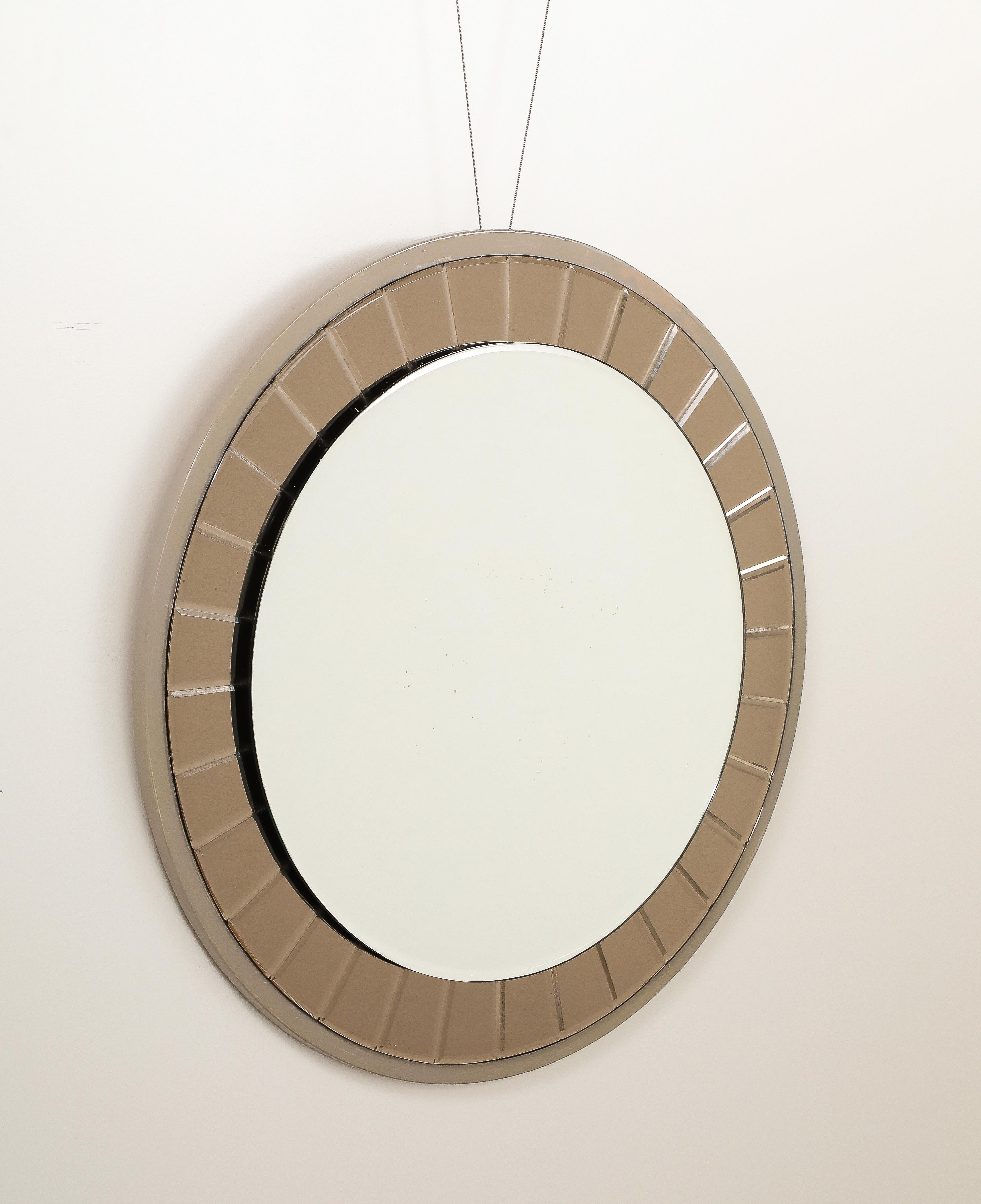 Cristal Arte Faceted Crystal Grey Glass Circular Mirror, circa 1960 In Good Condition For Sale In New York, NY