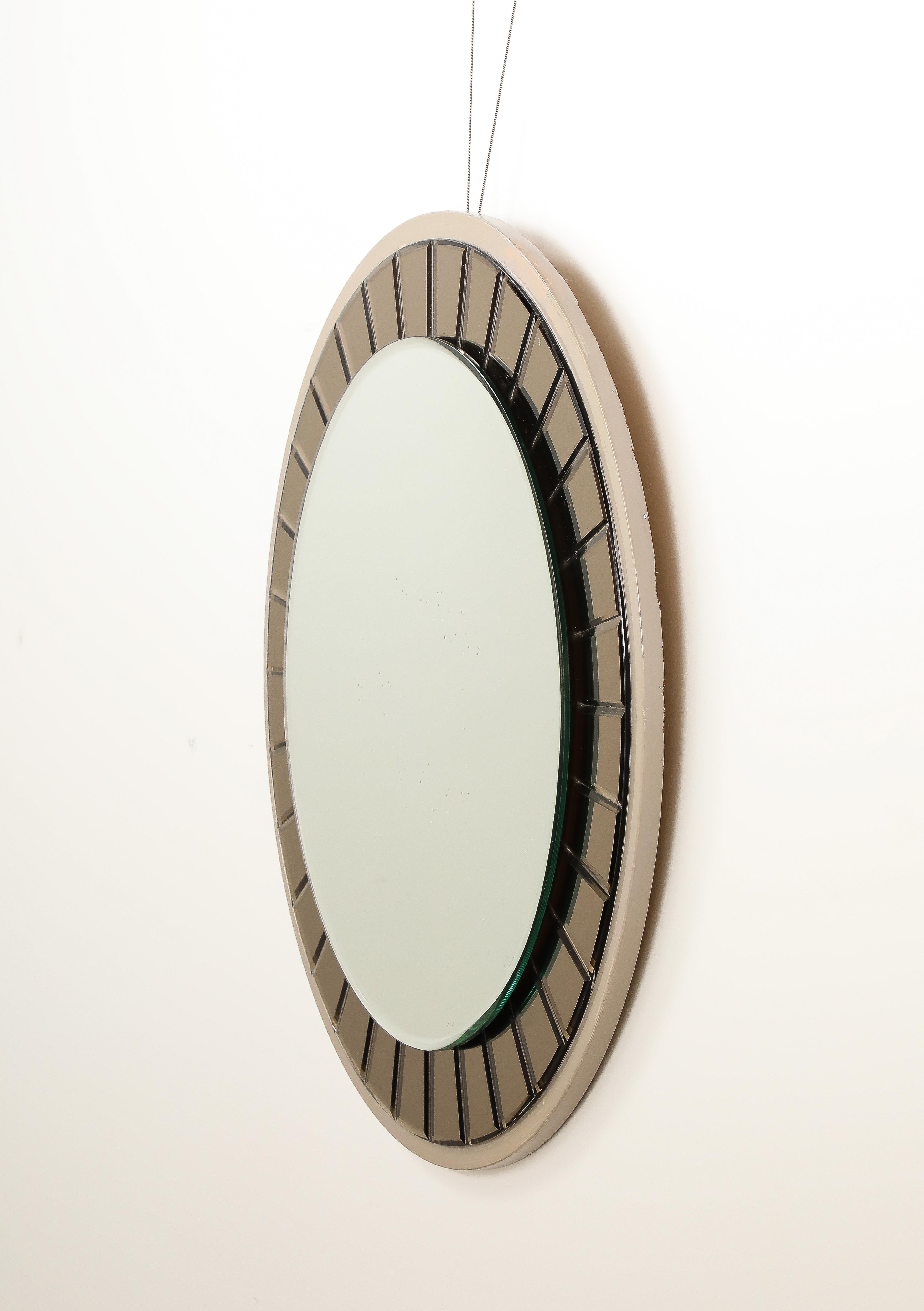 Mid-20th Century Cristal Arte Faceted Crystal Grey Glass Circular Mirror, circa 1960 For Sale