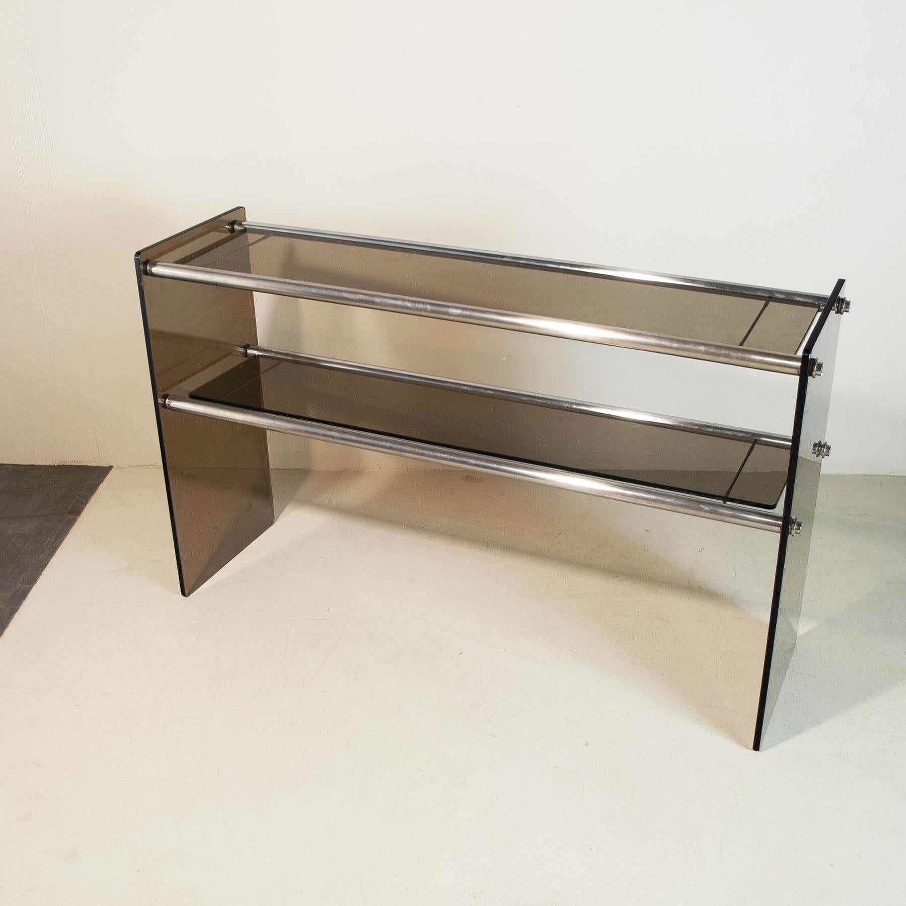 Console from the 70s, chromed steel structure with feet and bases in smoked glass, Cristal Art production.