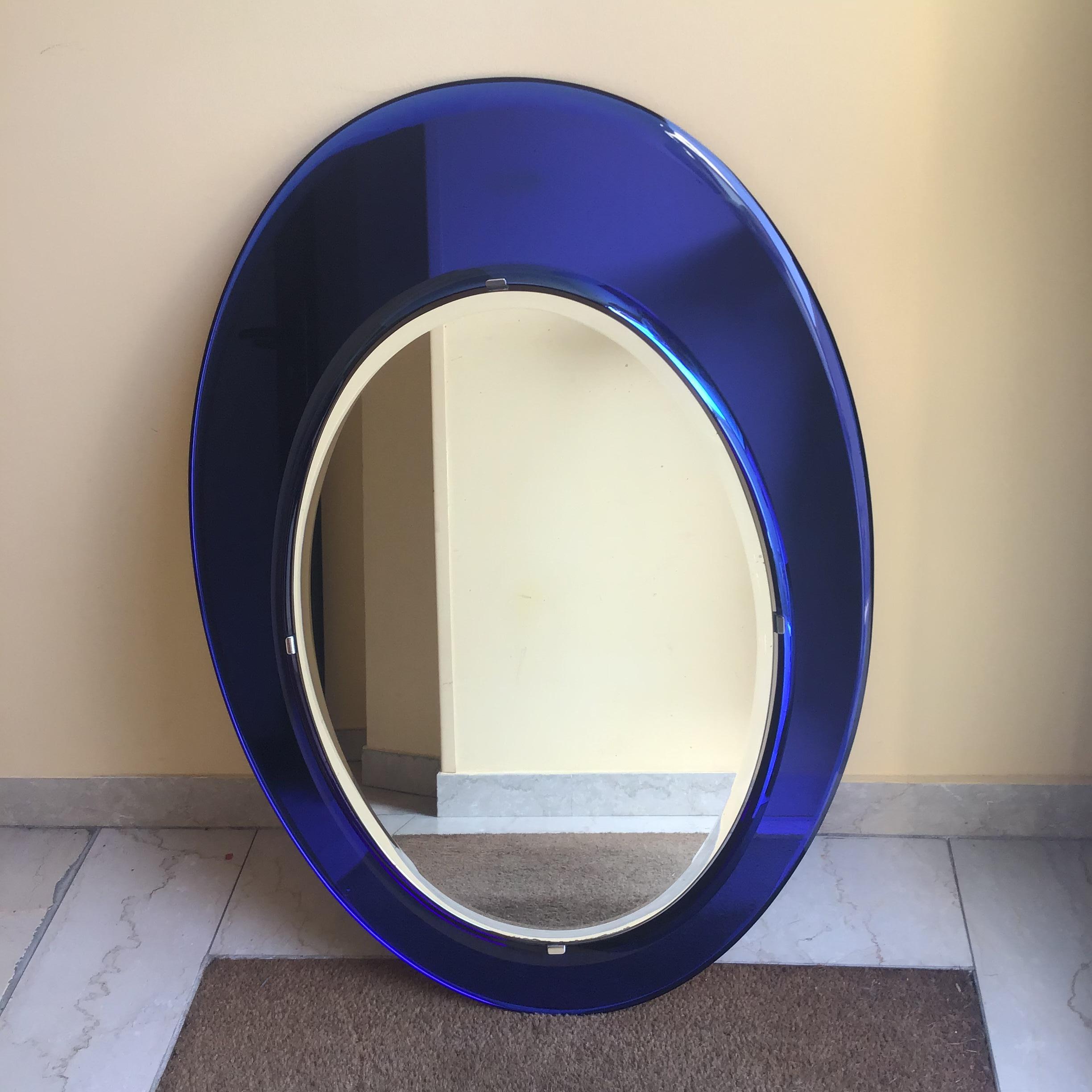 Cristal Arte Mirror Blu Mirrored Glass Metal Crome Wood, 1970, Italy For Sale 6