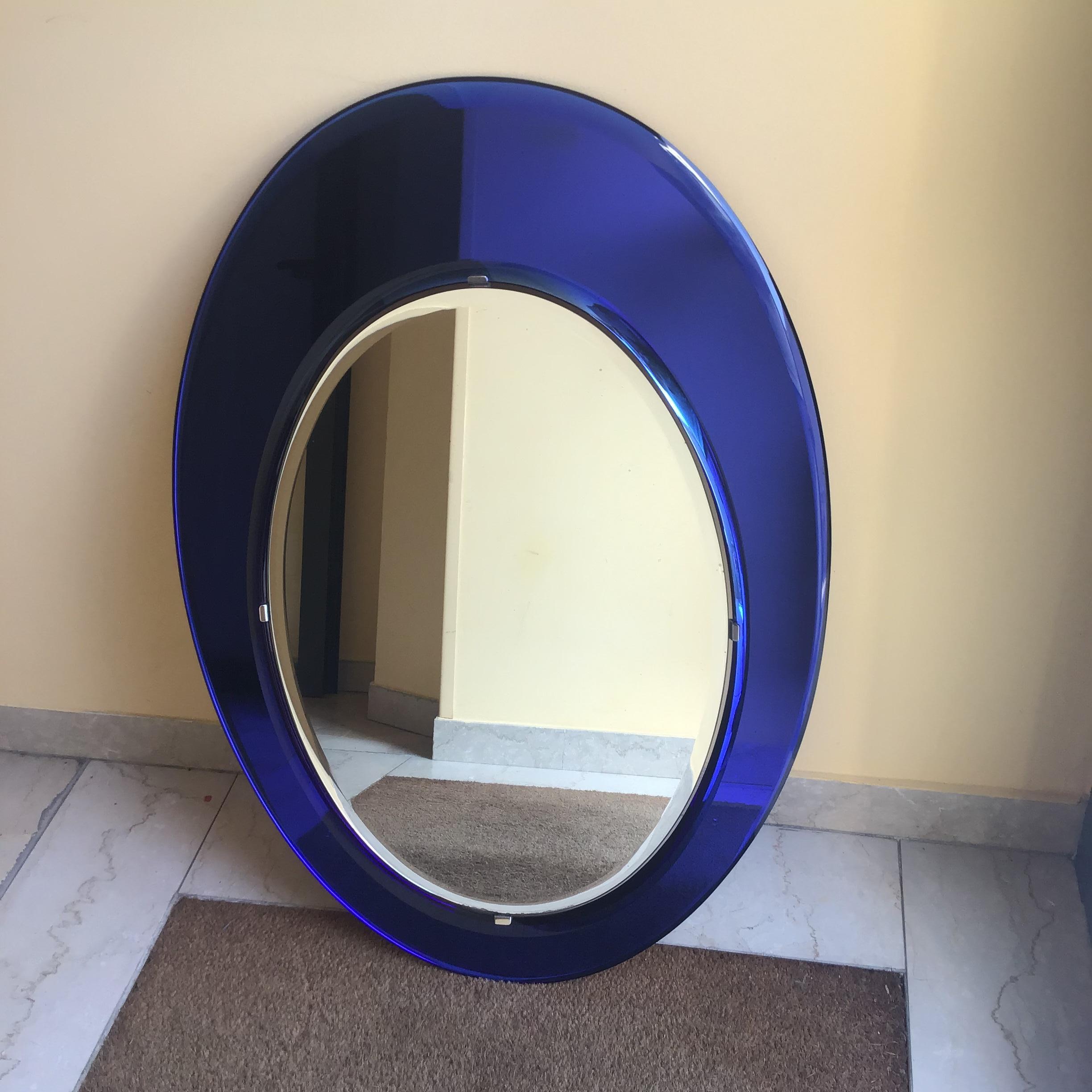 Cristal Arte Mirror Blu Mirrored Glass Metal Crome Wood, 1970, Italy For Sale 7