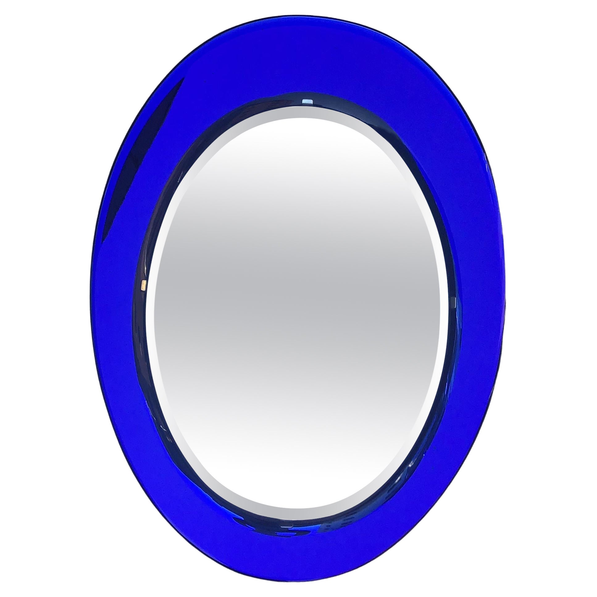 Cristal Arte Miroir en verre bleu miroir métallique Bois crémeux, 1970, Italie