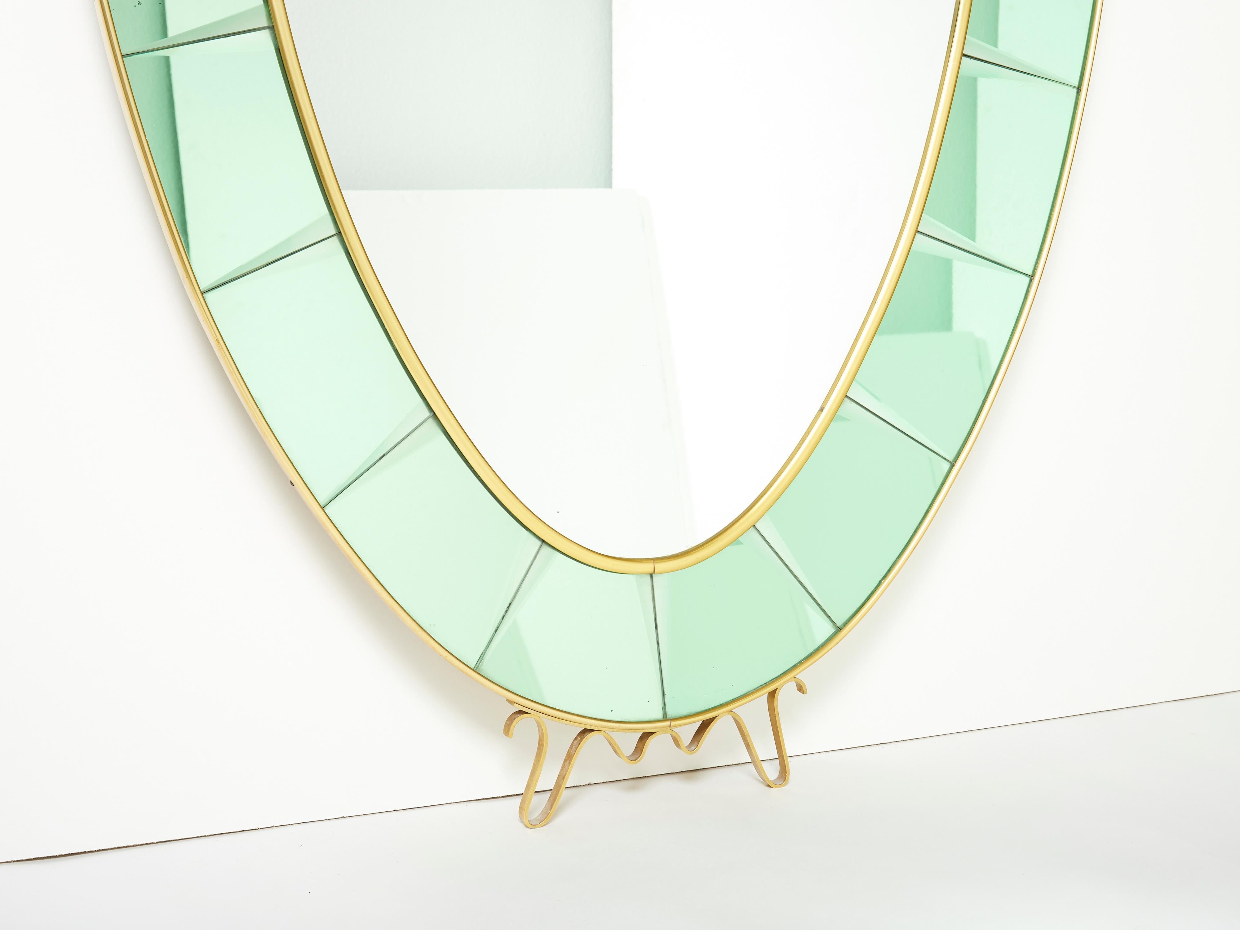 Mid-Century Modern Cristal Arte Oval Shaped Italian Brass Green Crystal Mirror, 1950s For Sale