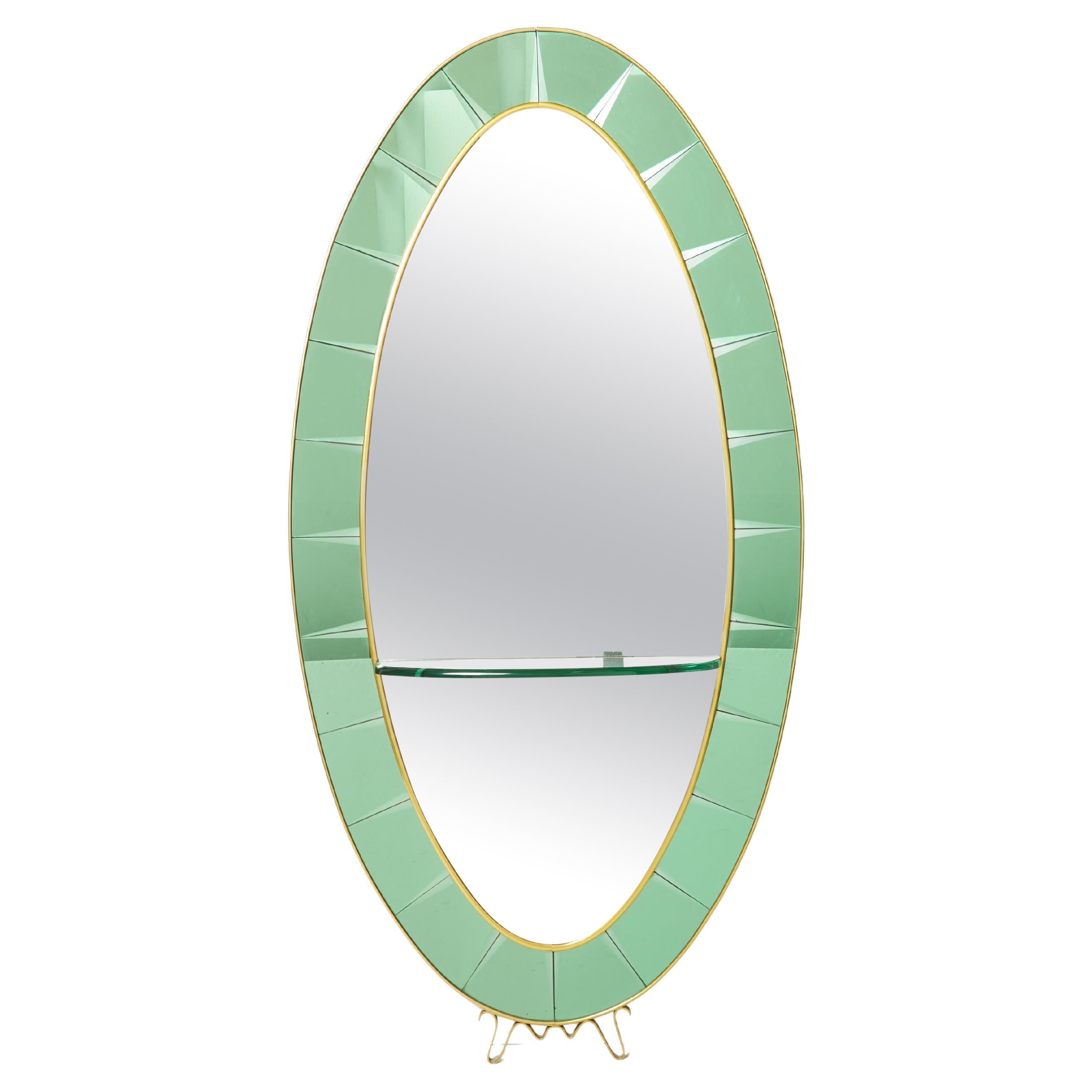 Cristal Arte miroir italien de forme ovale en cristal vert et laiton, années 1950 en vente