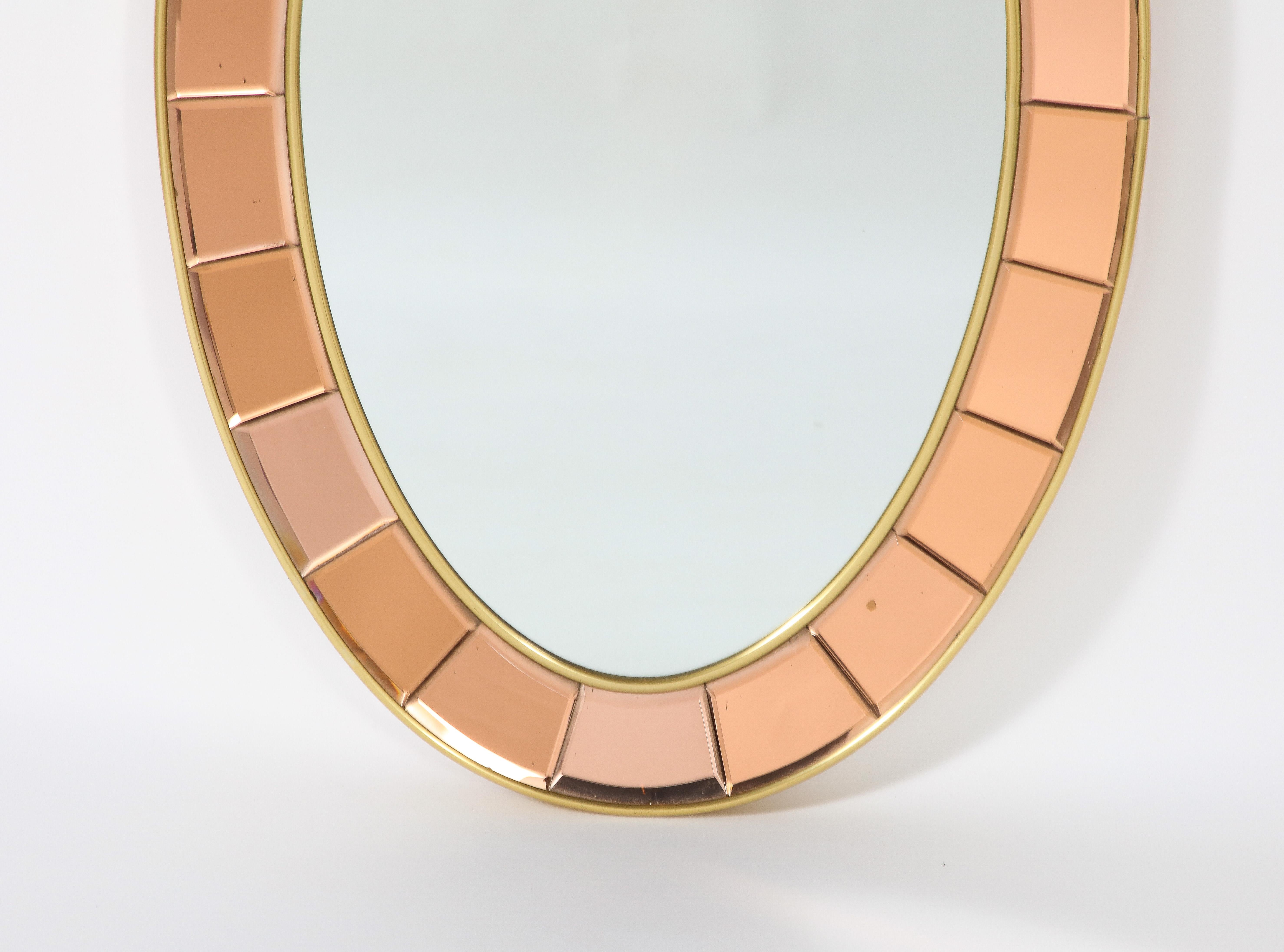 Mid-20th Century Cristal Art Rose Gold and Gilt Brass Italian Oval Wall Mirror