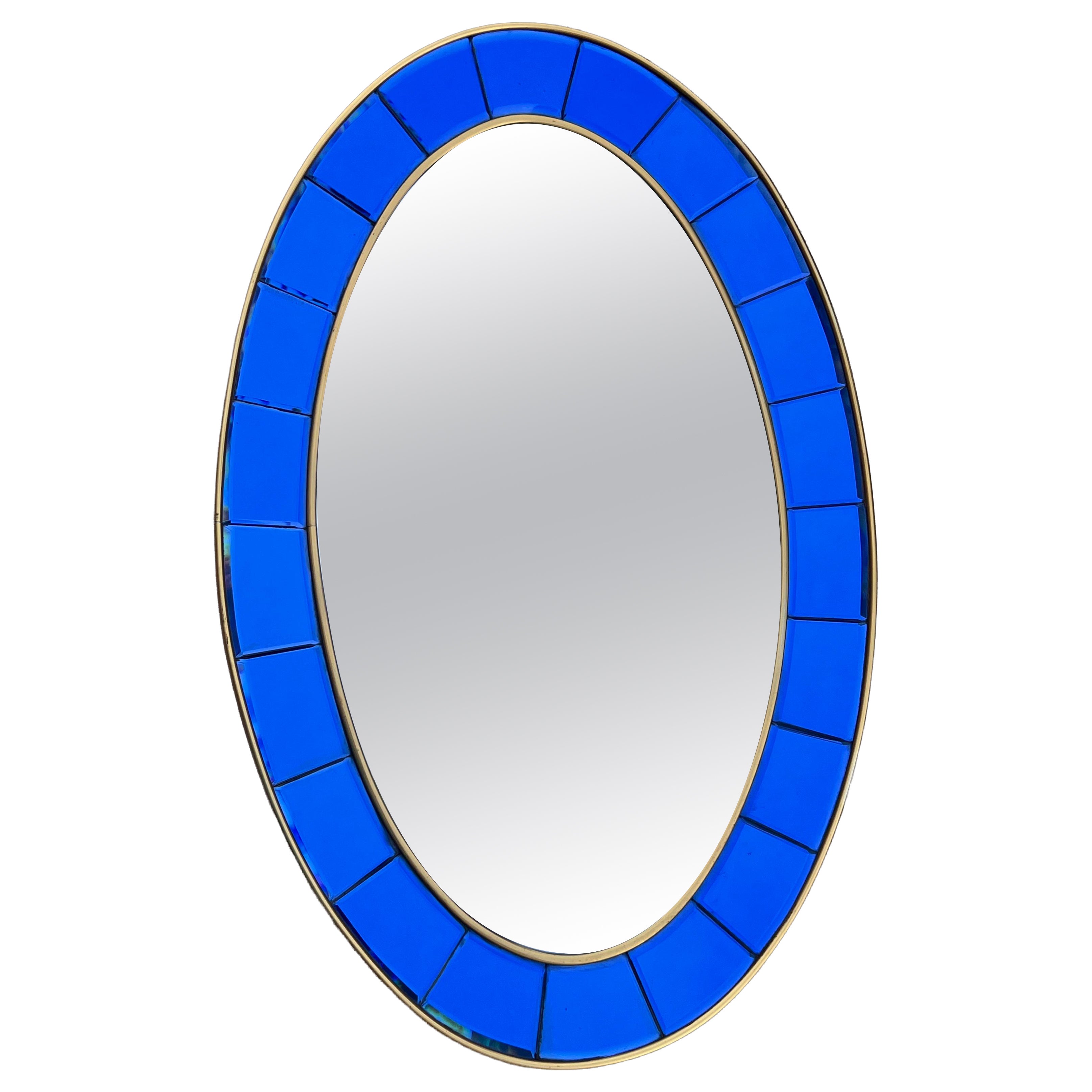 Cristal Art Oval Blue Hand-Cut Beveled Glass Mirror For Sale