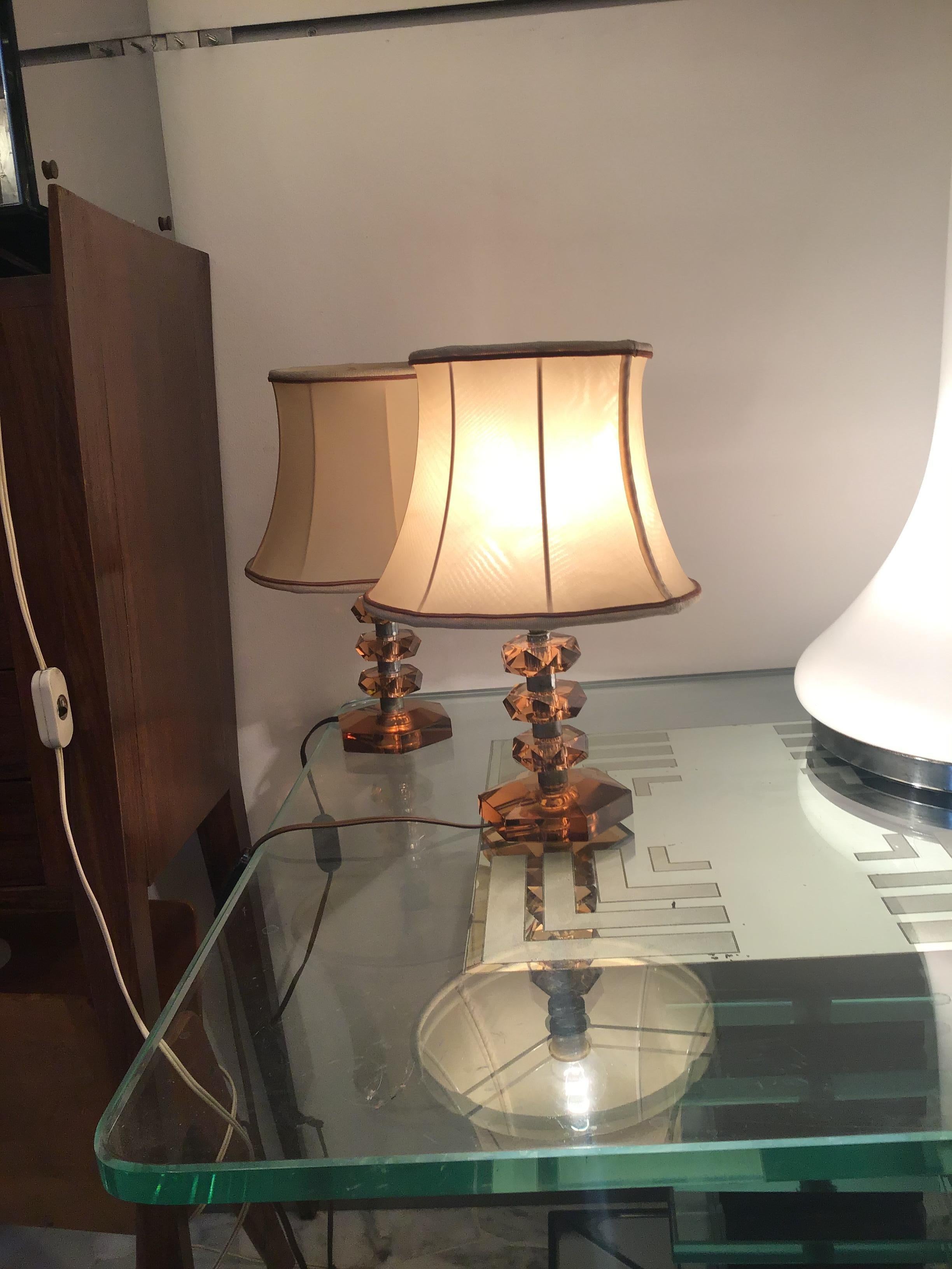 Lámparas de mesa Cristal Arte cristal metal cromo pantalla tela 1950 Italia.