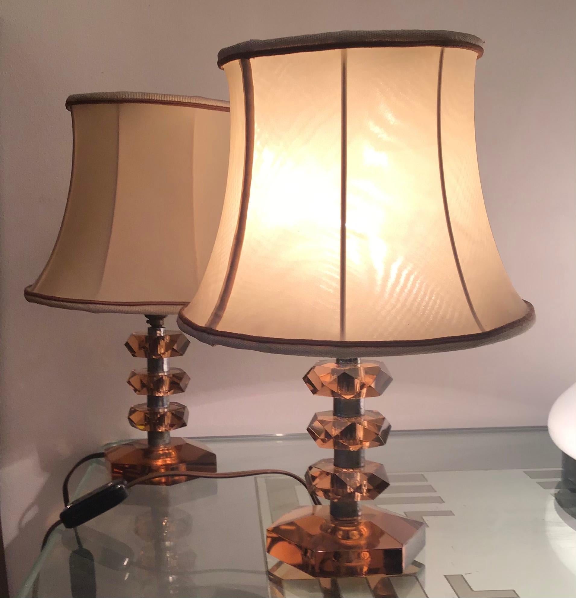 Cristal Arte Table Lamps Glass Metal Crome Fabric Lampshade, 1950, Italy In Excellent Condition For Sale In Milano, IT