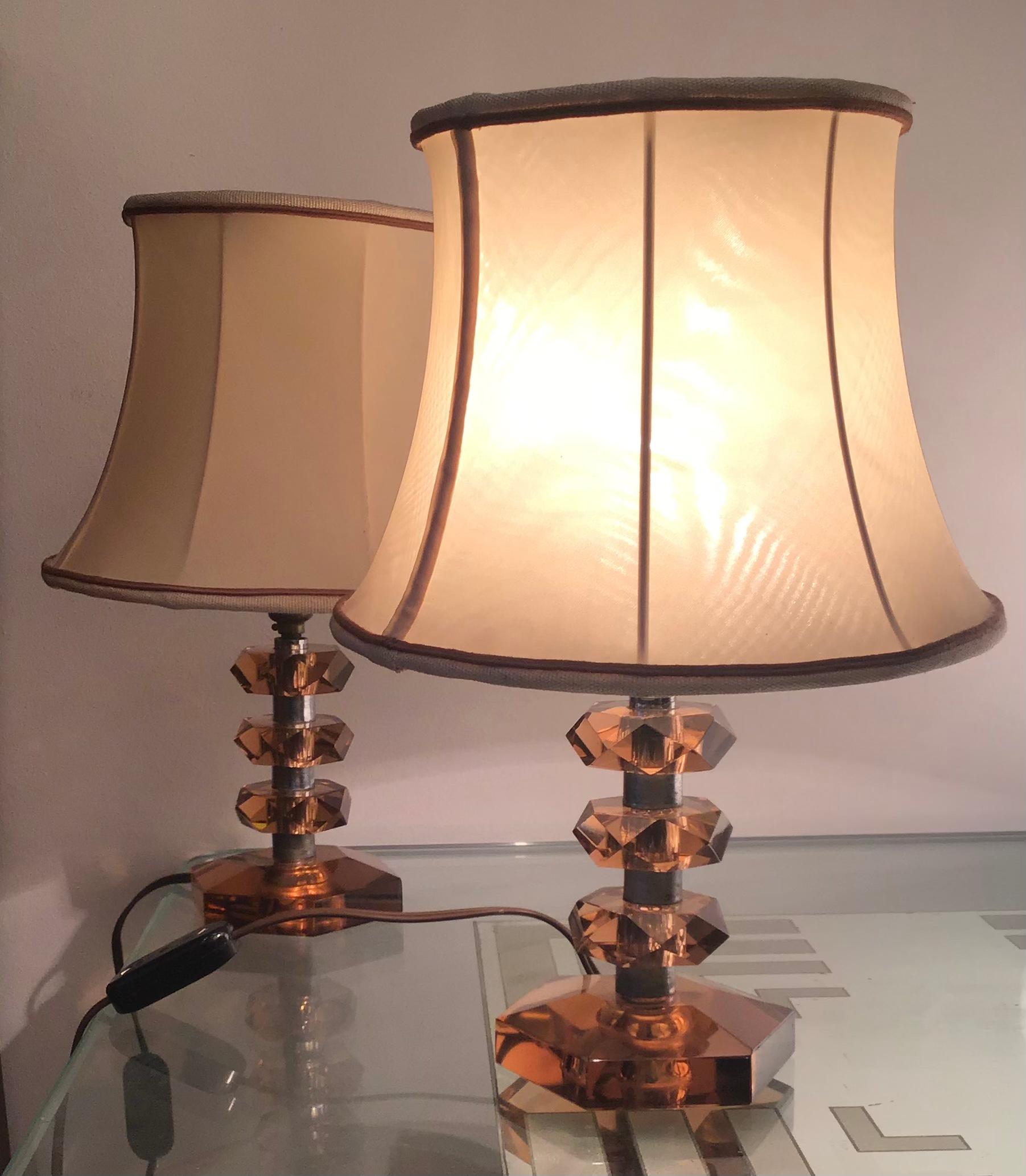 Mid-20th Century Cristal Arte Table Lamps Glass Metal Crome Fabric Lampshade, 1950, Italy For Sale