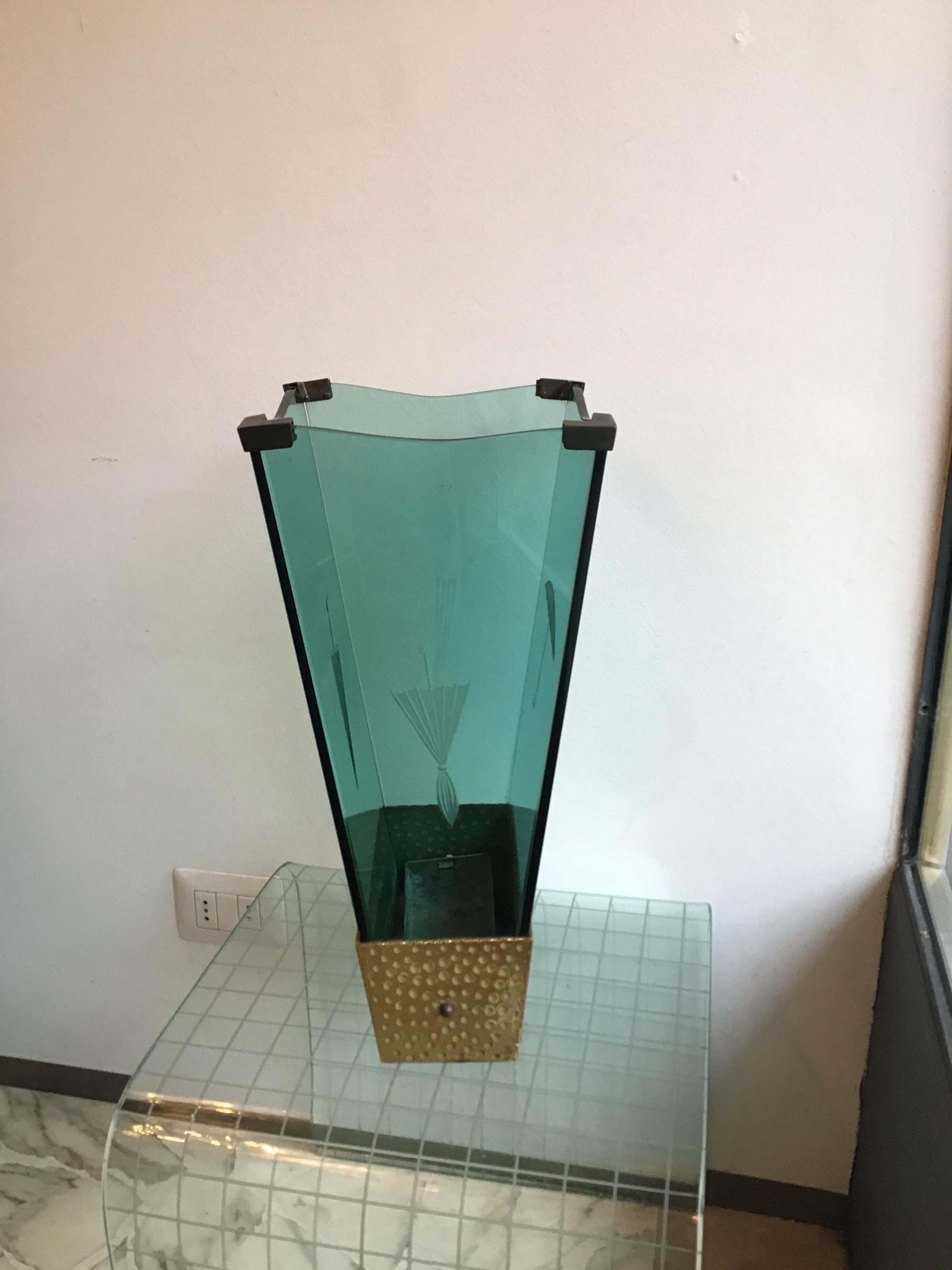 Italian Cristal Arte Umbrella Stand Brass Glass 1955 Italy  For Sale