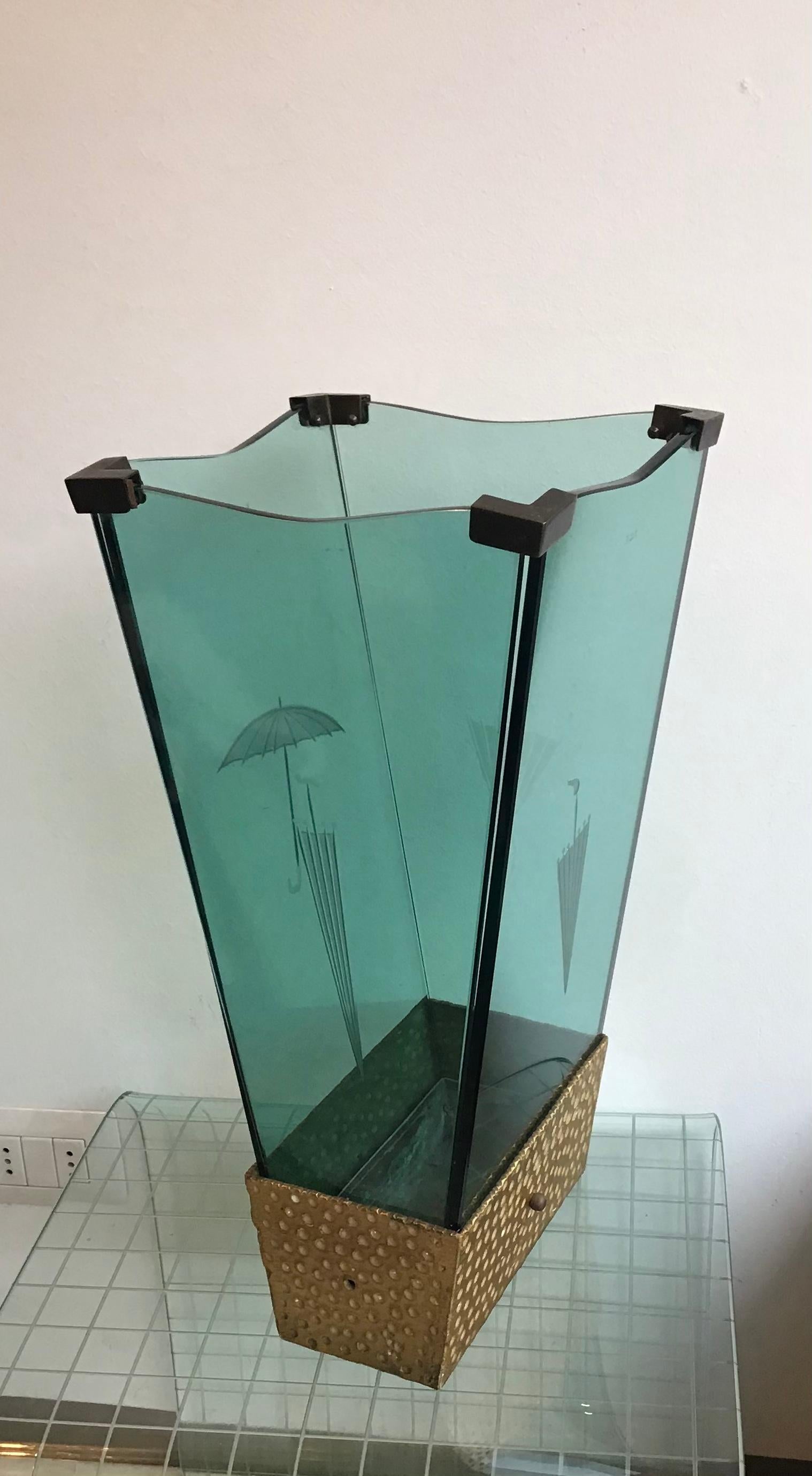 Cristal Arte Umbrella Stand Brass Glass 1955 Italy  For Sale 3