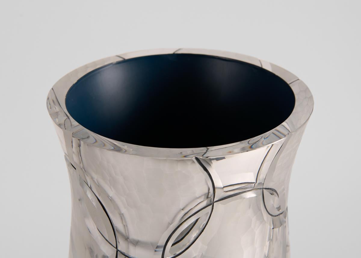 French Cristal Benito, Silver Circle Vas, Handcut Enameled Crystal Vase, France, 2021 For Sale