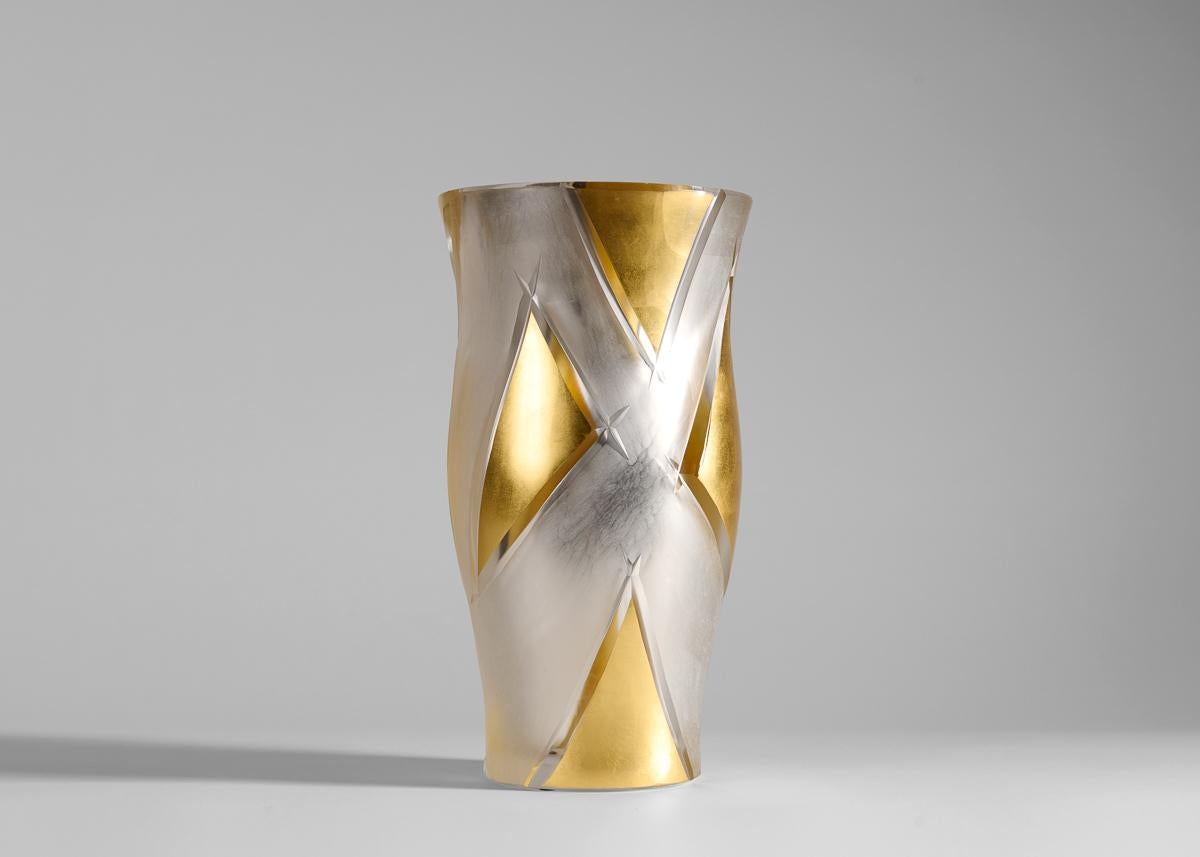 Hand-Carved Cristal Benito, Triangle, Handcut Crystal Vase, France, 2023 For Sale