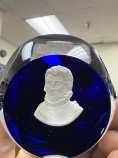 Cristal D'Albret France Christopher Columbus Sulphide Paperweight Faceted Blue