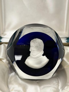 Cristal D'Albret France Christopher Columbus Sulphide Paperweight Faceted Blue