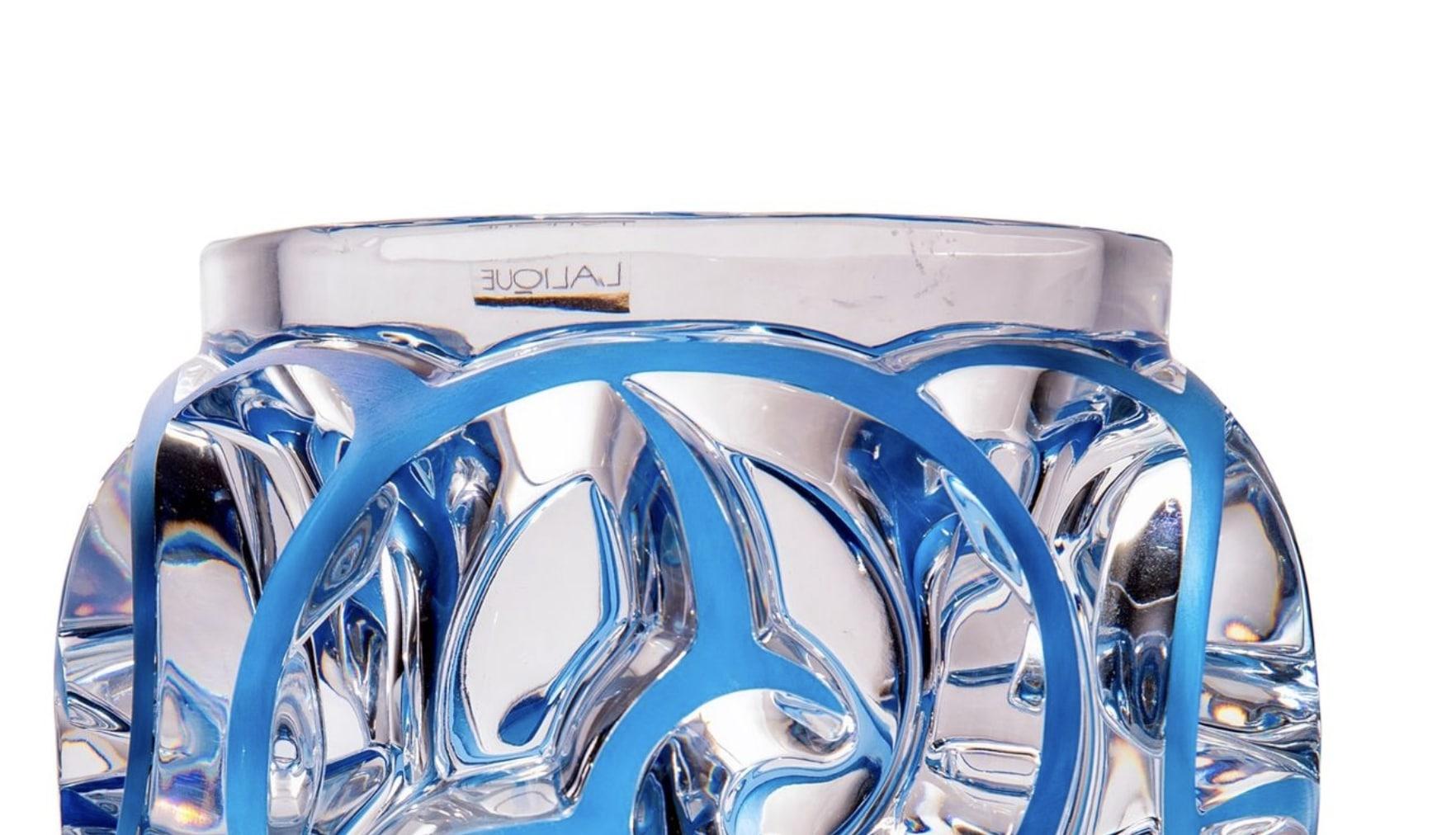 French Cristal Lalique, Vase tourbillon Emaillé Bleu. For Sale