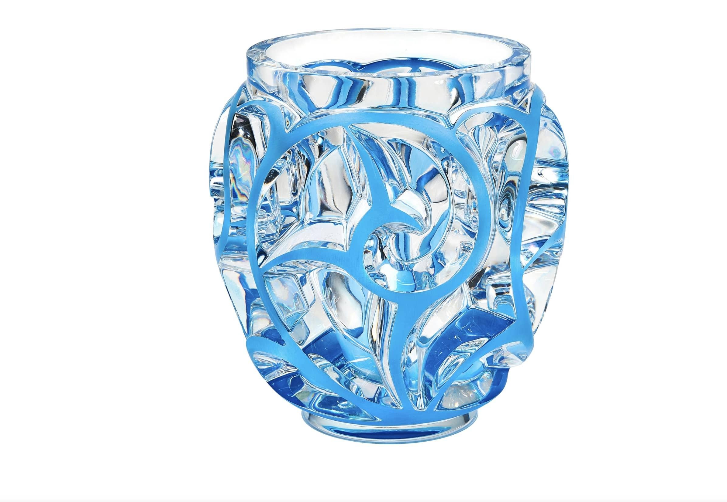 20ième siècle Cristal Lalique, Vase tourbillon Emaillé Bleu. en vente