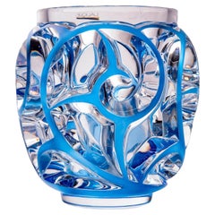 Antique Cristal Lalique, Vase tourbillon Emaillé Bleu.