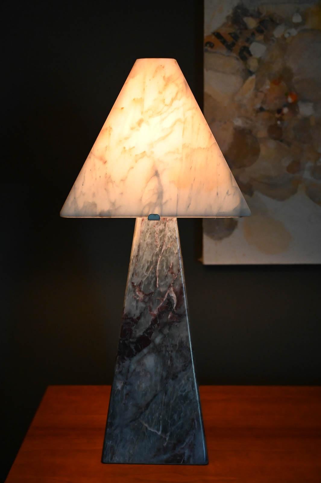 Cristalino Salome Marble Columnar table lamp with Alabaster Shade, circa 1970. In the style of Cini Boeri, this beautiful marble table lamp comes with the original Alabaster shade in excellent condition. Shade is 12