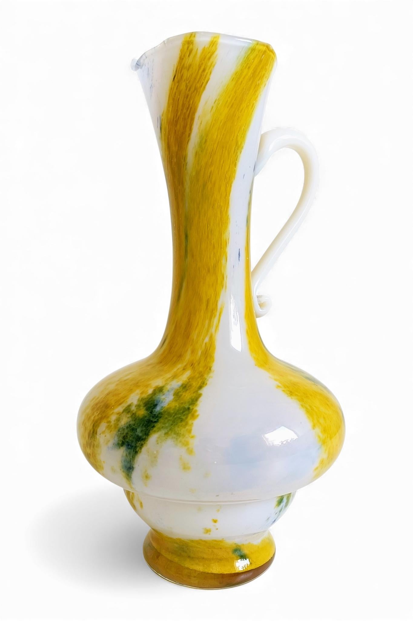 French Cristallerie de Clichy White and Yellow Opaline Pitcher Vase, Early 20th Century For Sale