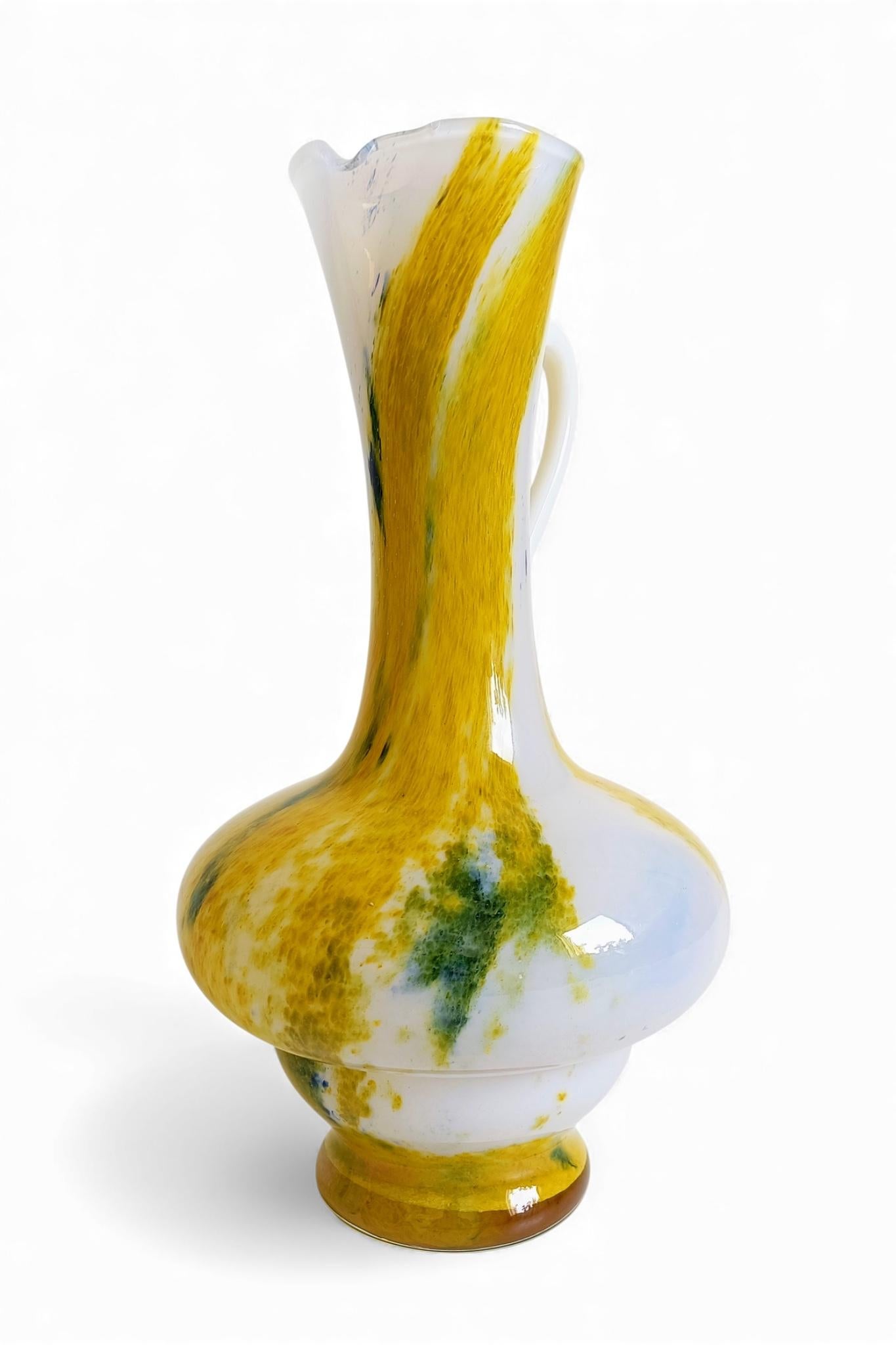 Hand-Crafted Cristallerie de Clichy White and Yellow Opaline Pitcher Vase, Early 20th Century For Sale