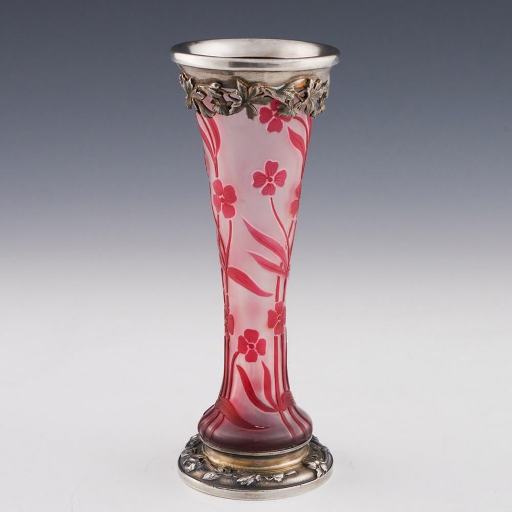 French Cristallerie de Pantin Early Acid Cameo Vase with Silver Mounts, c1890 For Sale