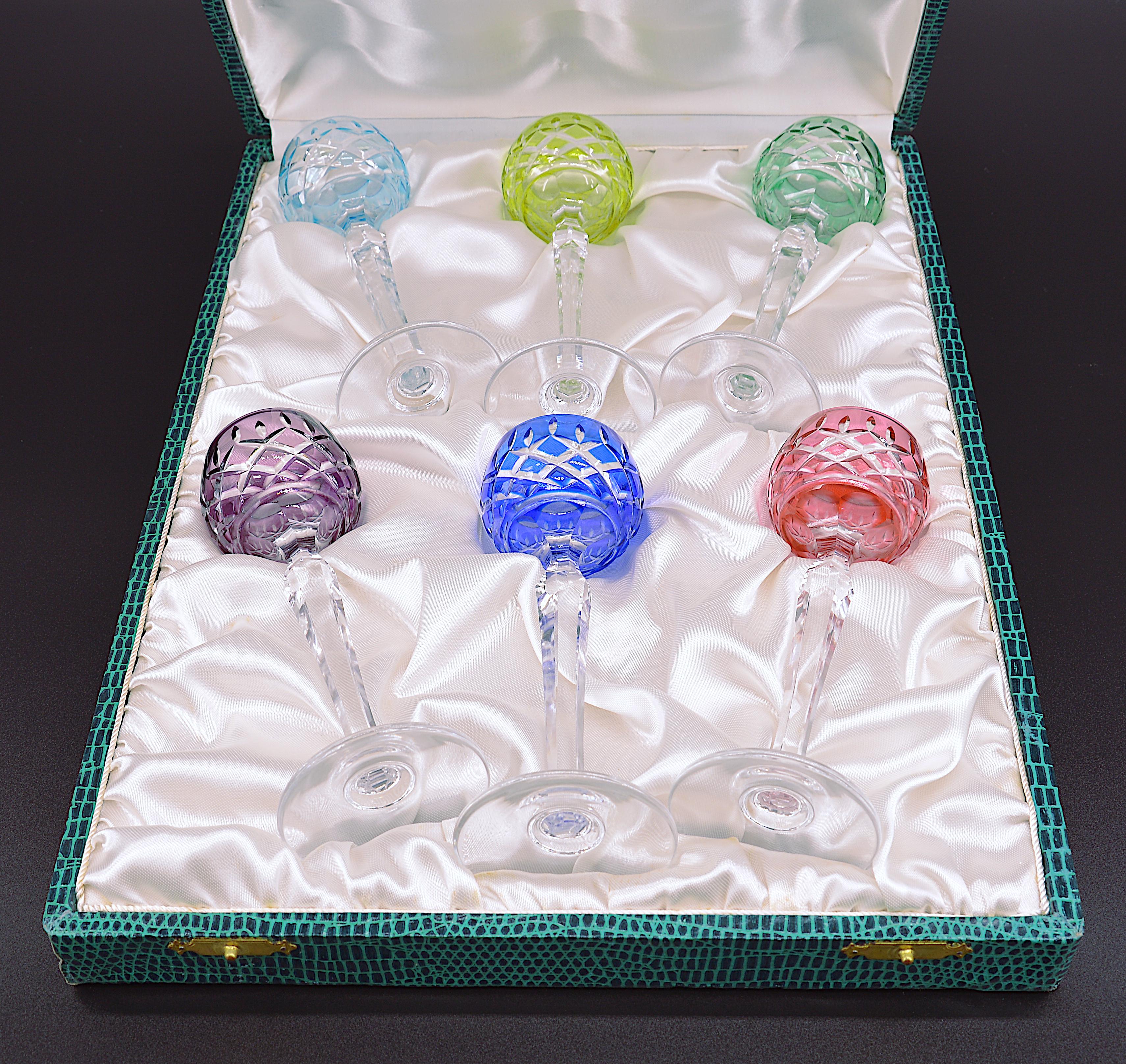Art Deco Cristallerie Lorraine Set of 6 Colored Crystal Glasses in Their Box France, 1920