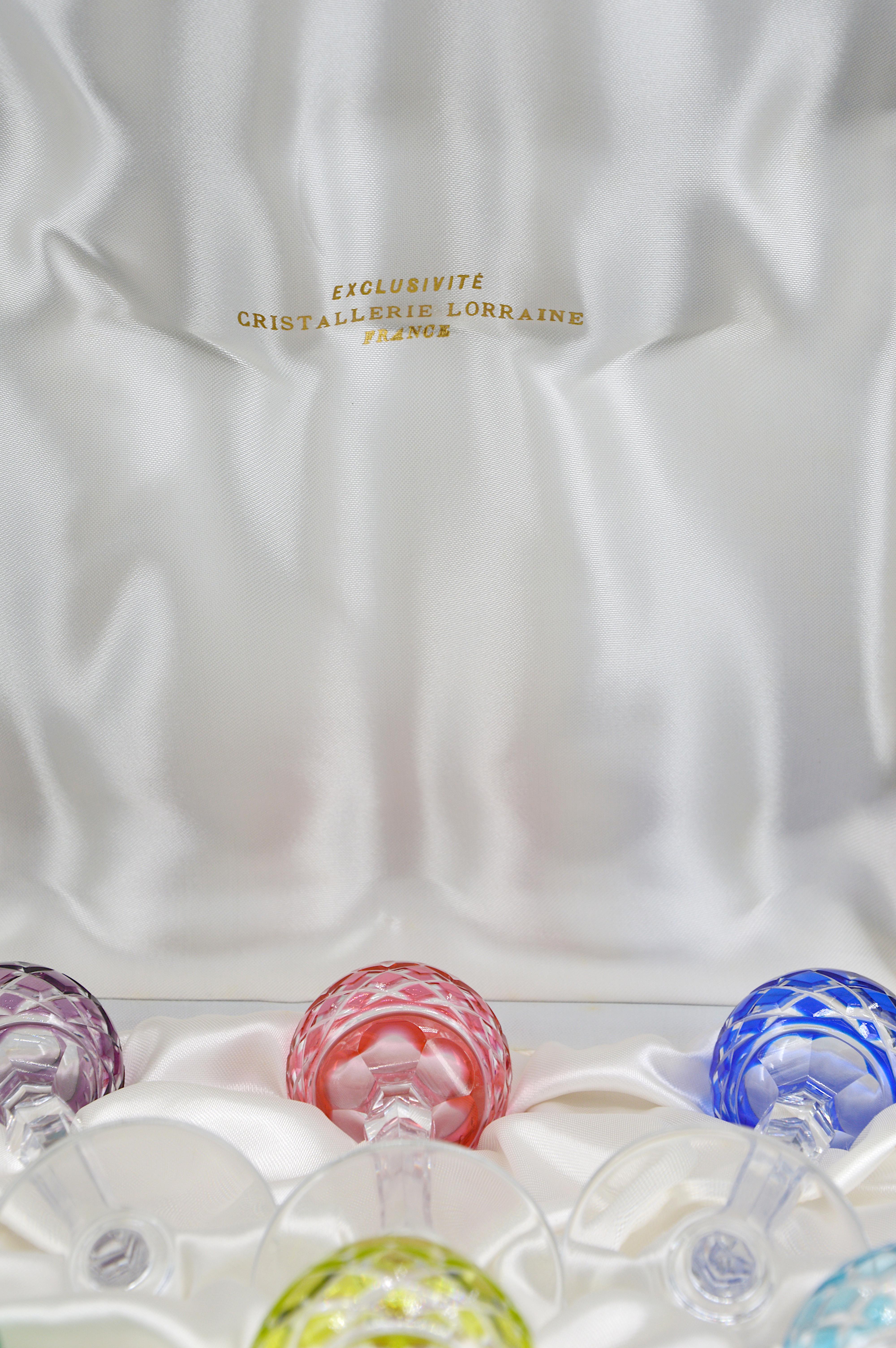 French Cristallerie Lorraine Set of 6 Colored Crystal Glasses in Their Box France, 1920