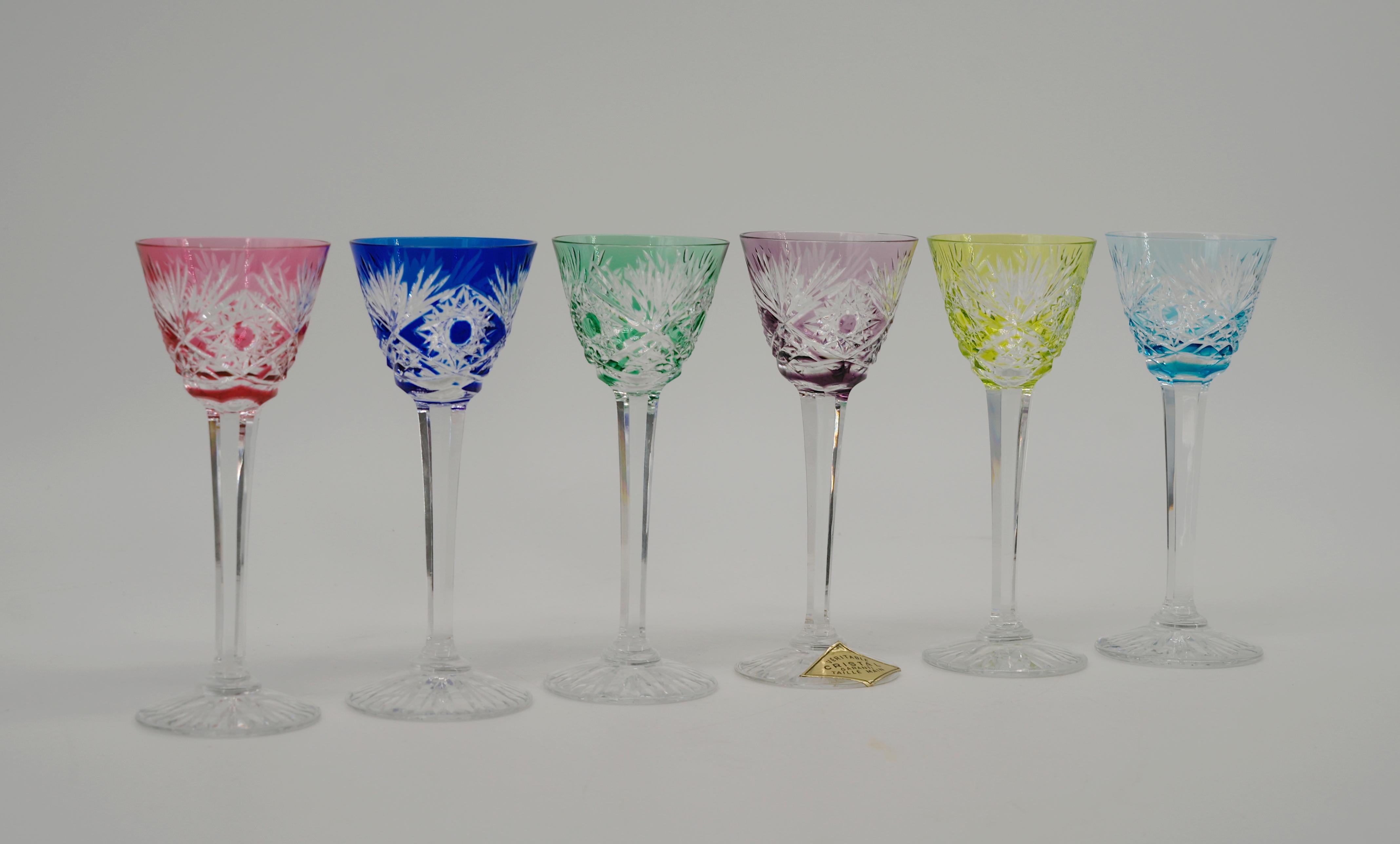 Cristallo Set di 6 bicchieri di cristallo colorati in scatola Cristallerie Lorraine Francia, 1920 in vendita