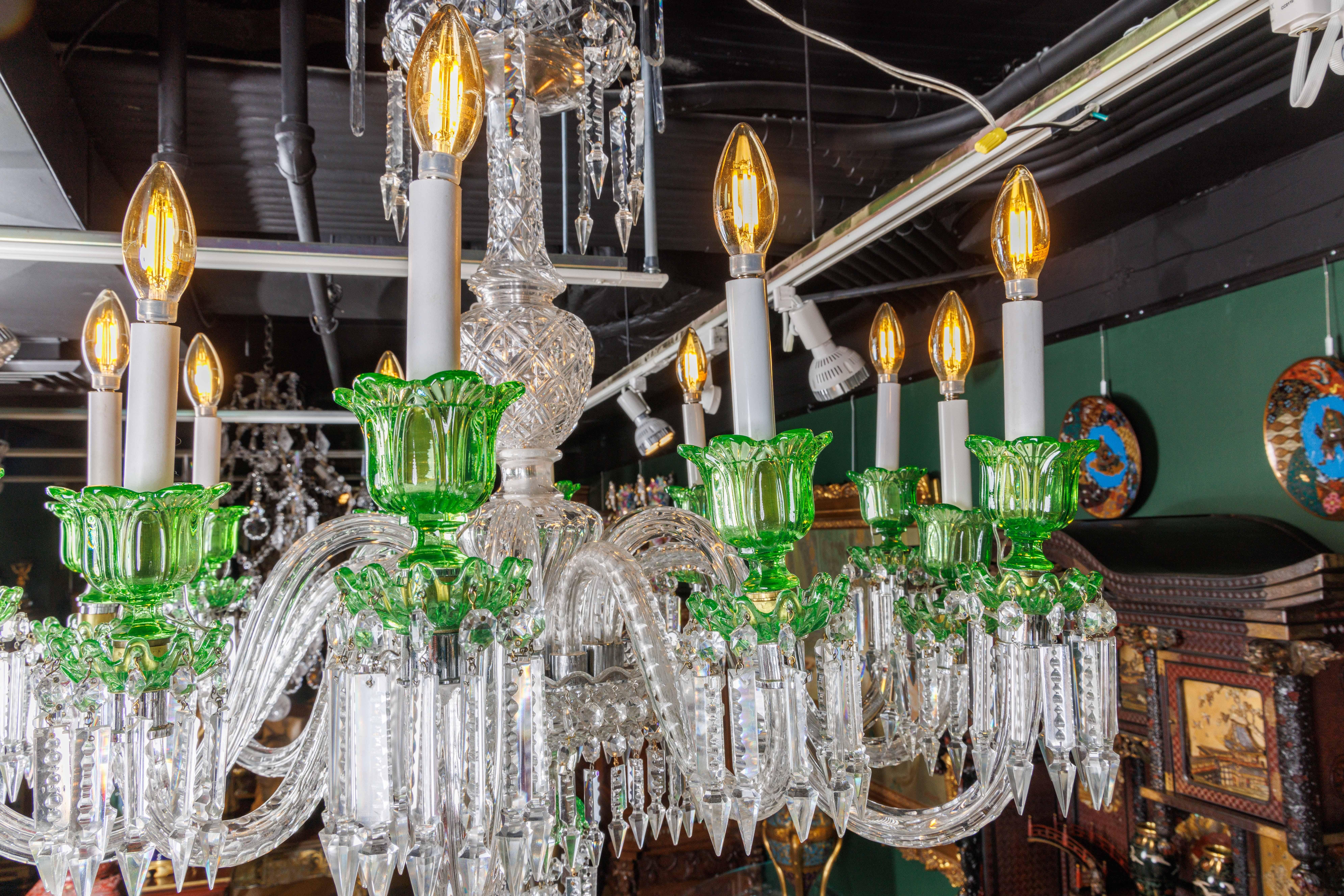Cristalleries De Baccarat, a Large French Green and Clear Cut-Crystal Chandelier In Good Condition For Sale In New York, NY
