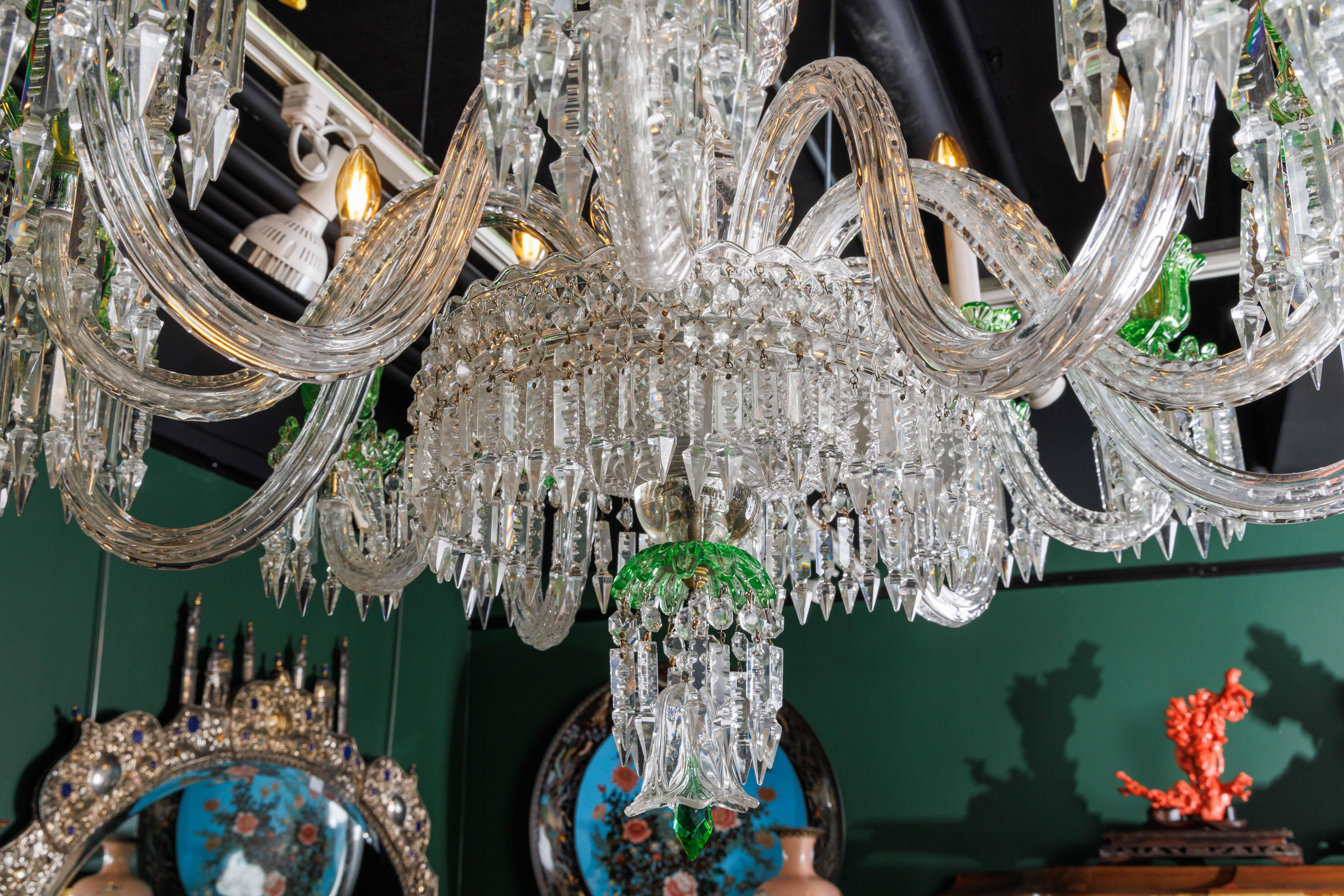 19th Century Cristalleries De Baccarat, a Large French Green and Clear Cut-Crystal Chandelier For Sale