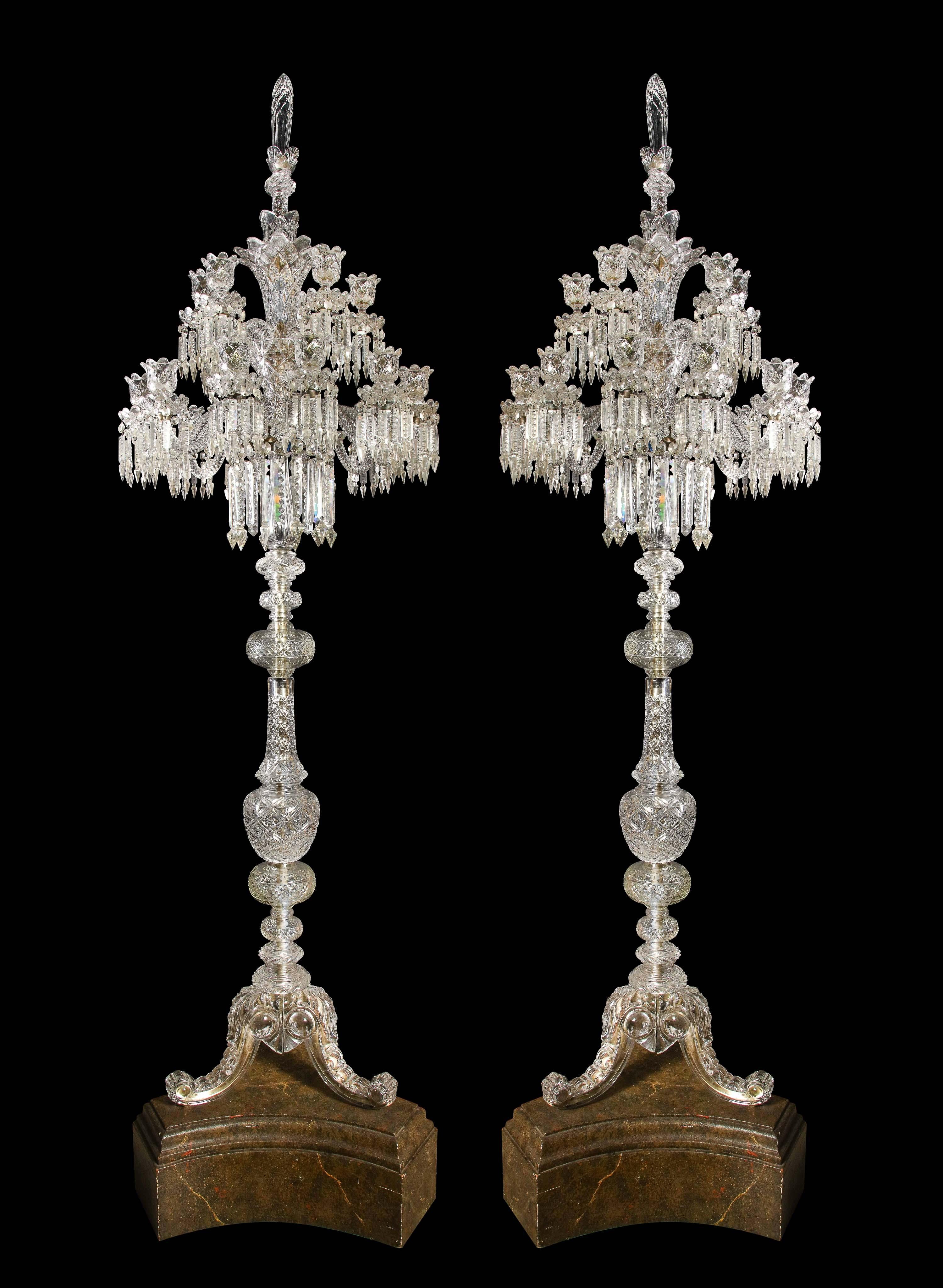 20th Century Cristalleries De Baccarat, a Large Pair of French Cut Crystal 18-Light Torcheres