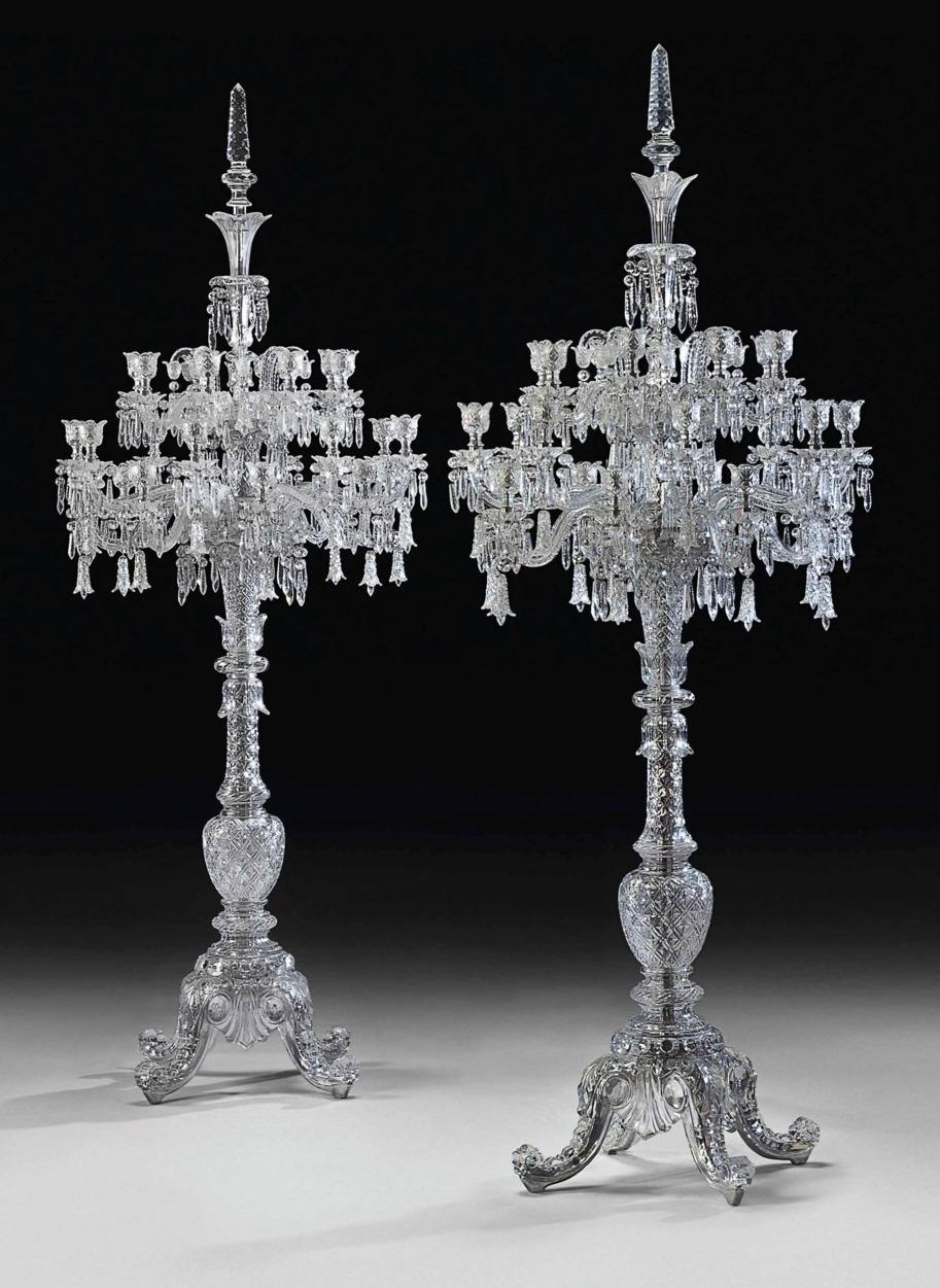 Cristalleries De Baccarat, A Large Pair of French Cut-Crystal Twenty-Four Light Tsarine Torcheres, Standing Floor Chandeliers.

