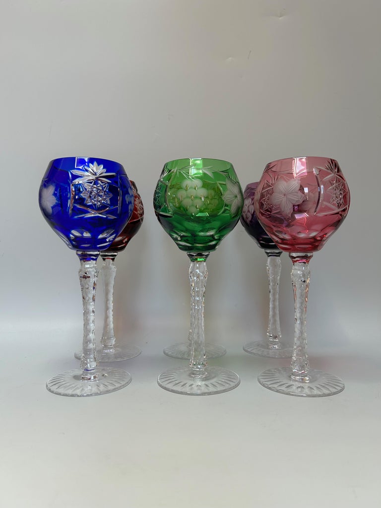 Cristalleries De Lorraine 6 Colored Wine Glasses Around 1940 For