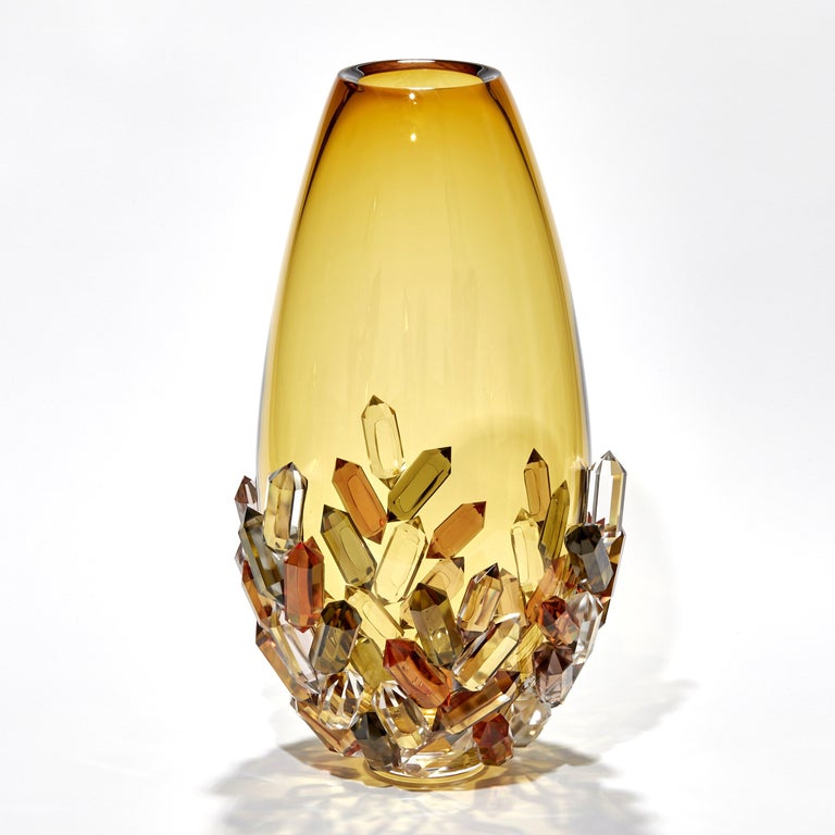 Cristallized Amber, a Golden Glass Vase with Cut Crystals by Hanne