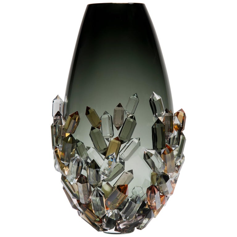 Cristallized Golden, a unique bronze, amber & grey glass vase by Hanne Enemark For Sale