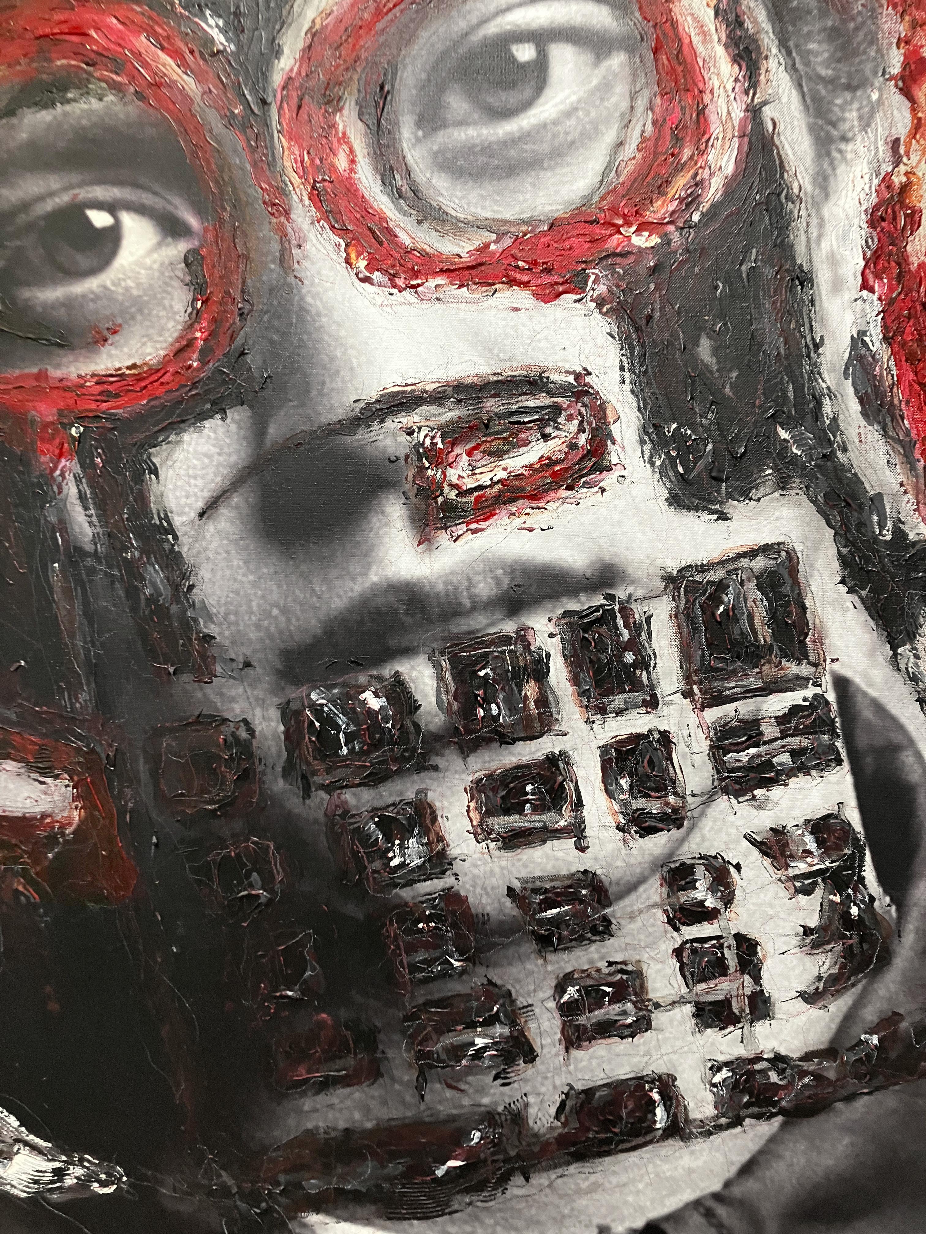 Bruno Mars, Portrait intervened by the artists - Black Black and White Photograph by Cristian Hunter