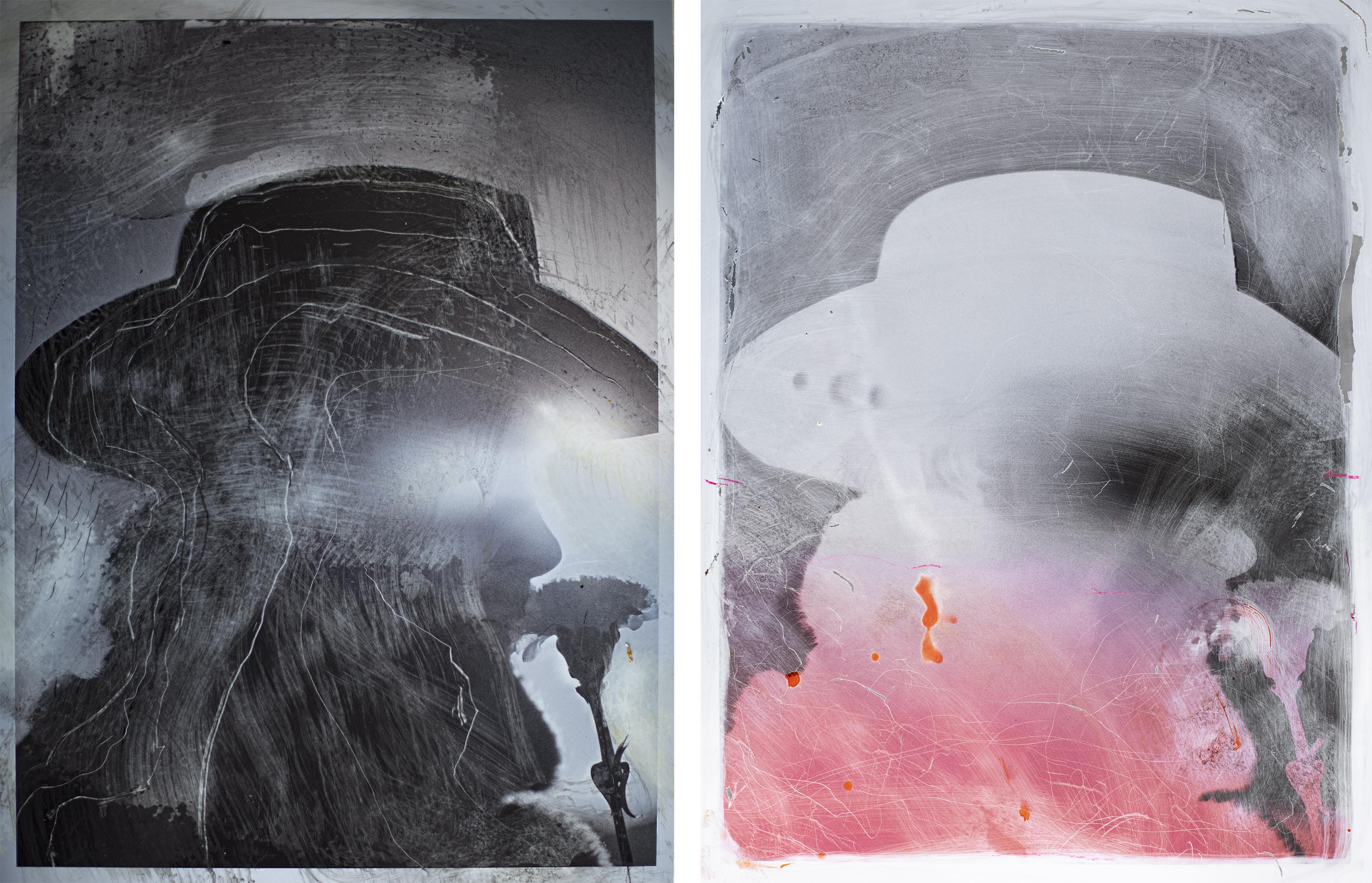 Cristian Hunter Portrait Painting - Laßt Blumen Sprechen and spur. Acrylic and scratch on fine art metallic paper