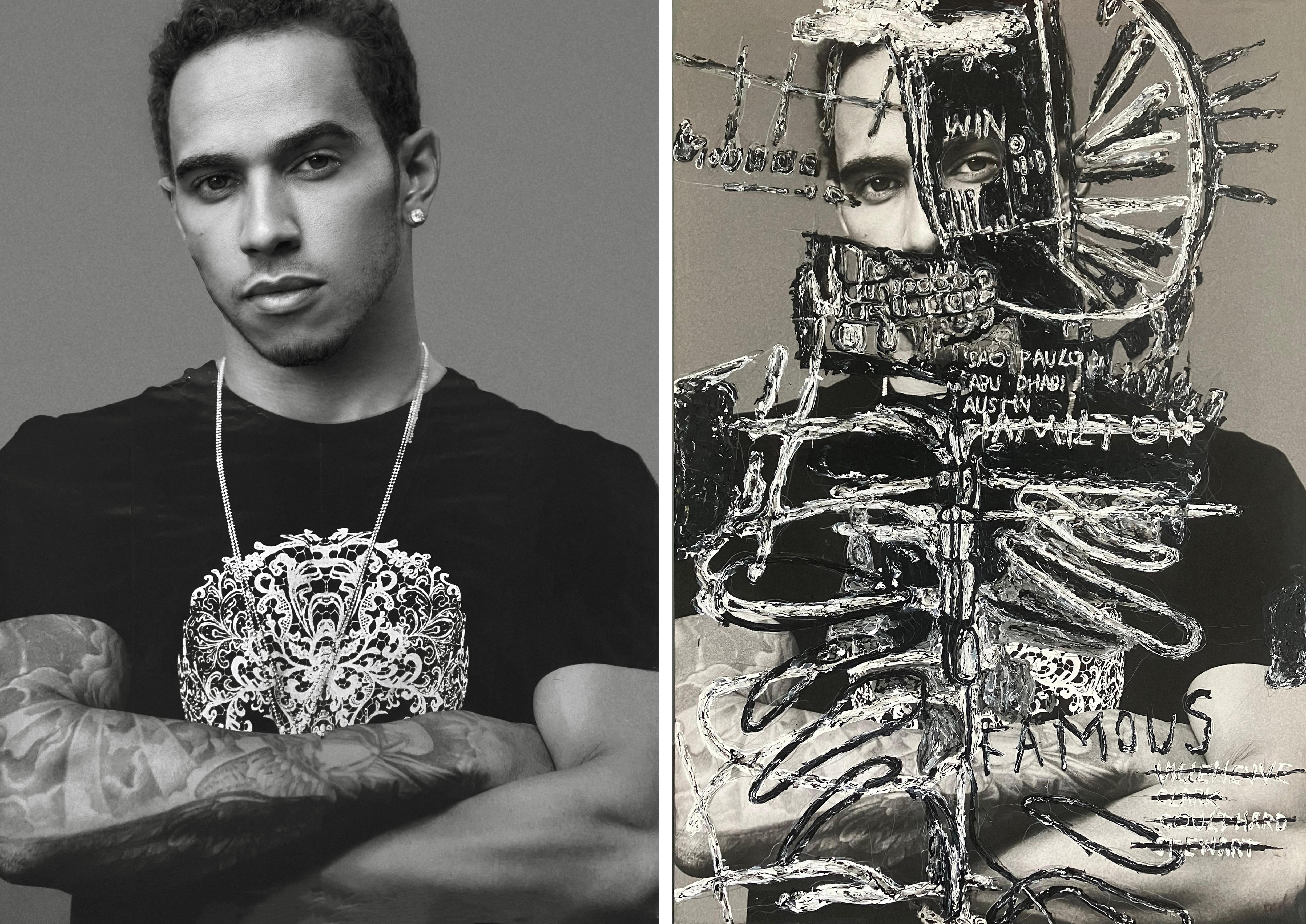 Lewis Hamilton Diptych, Portrait on canvas Intervened - Mixed Media Art by Cristian Hunter