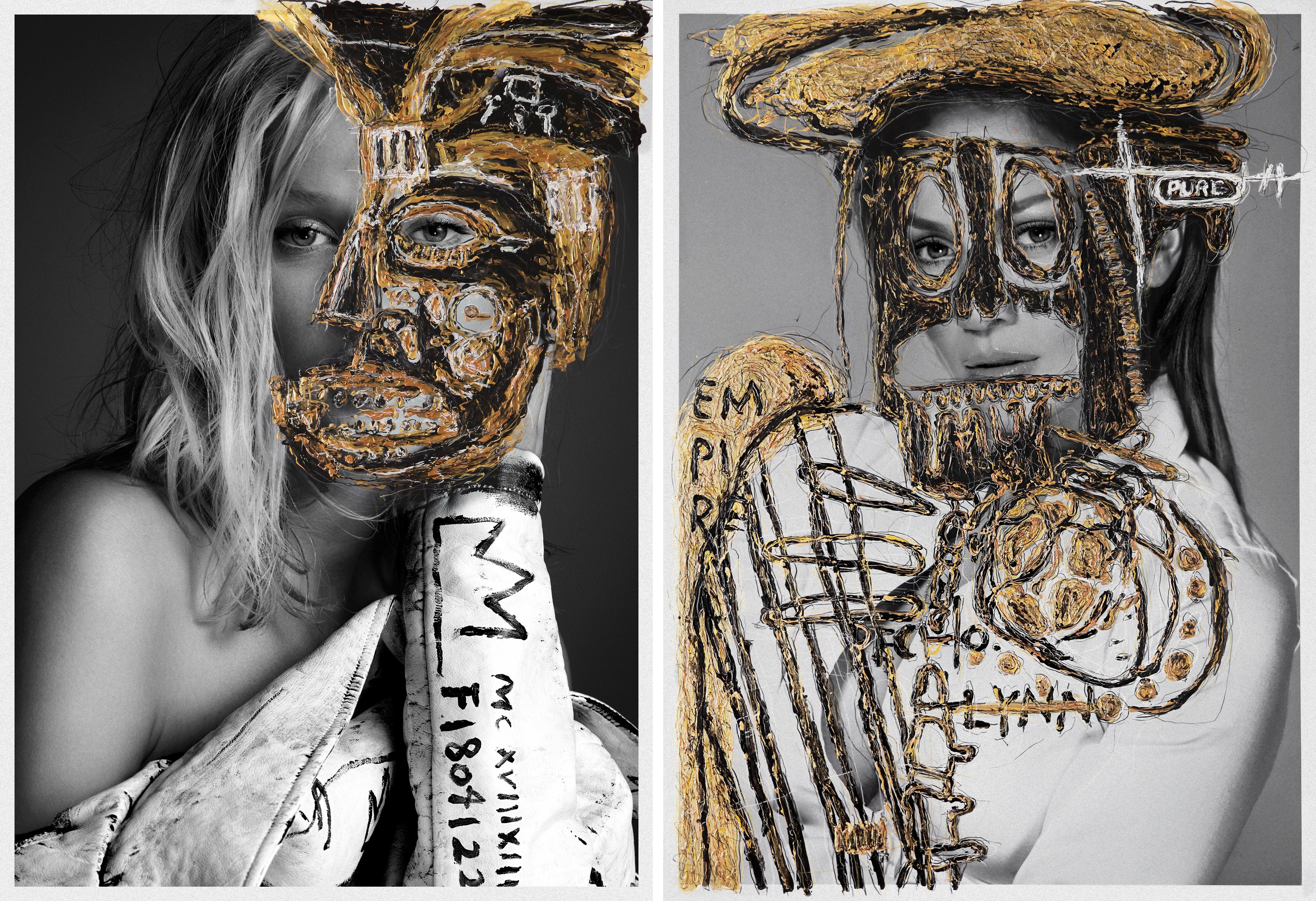 Toni Garnn and Jennifer Lopez, Diptych. Intervened by the artists.
