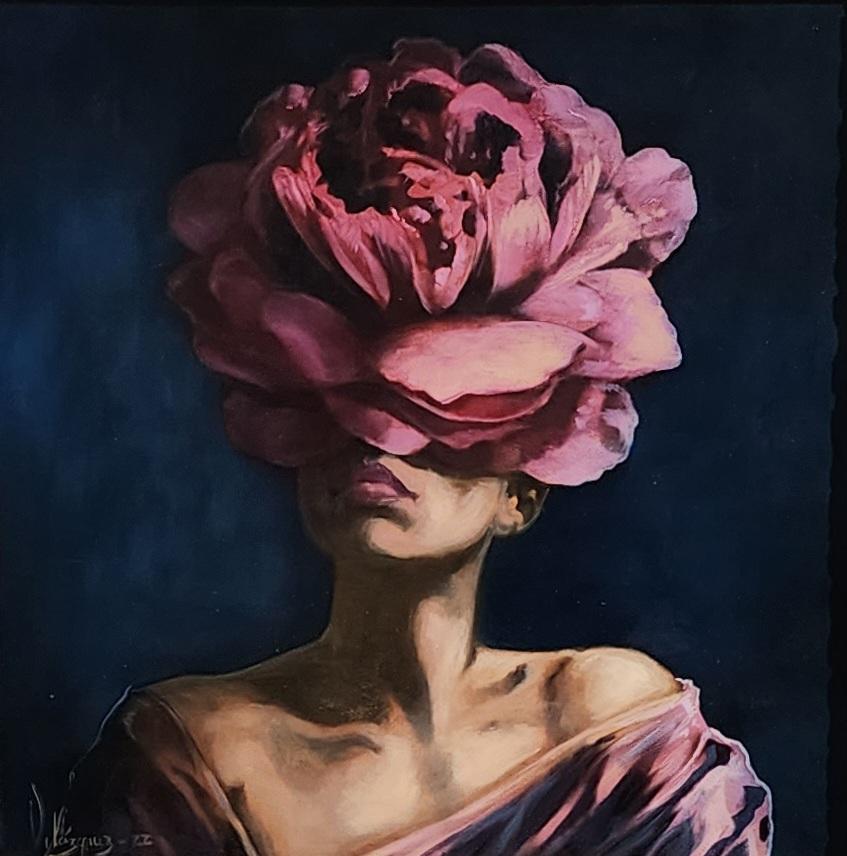 Flor, peinture à l'huile, réalisme, artiste cubain, portrait, encadré, livraison gratuite - Réalisme Painting par Cristian Mesa Velazquez