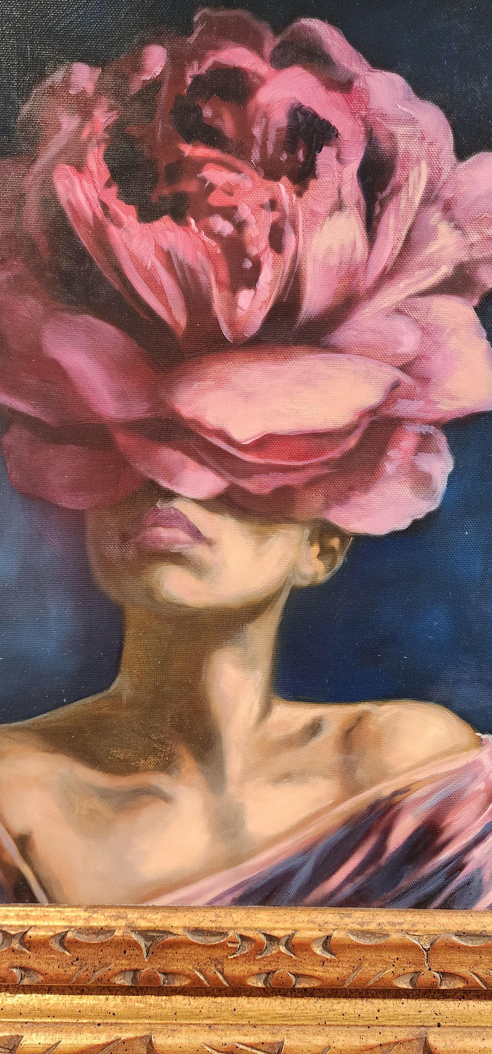 Flor, peinture à l'huile, réalisme, artiste cubain, portrait, encadré, livraison gratuite - Noir Portrait Painting par Cristian Mesa Velazquez