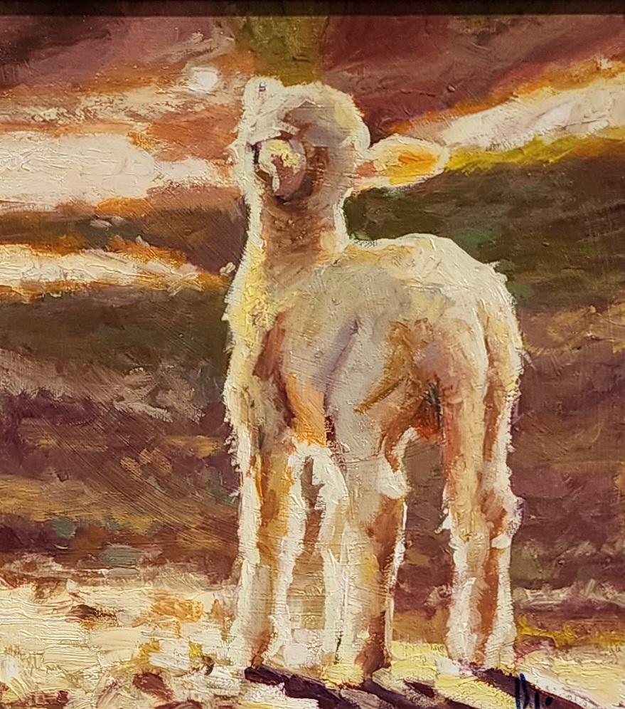 Fuzzy, Pittura a olio, Realismo, Artista cubano, Pecora, Cornice, Spedizione gratuita - Animal Painting Marrone di Cristian Mesa Velazquez