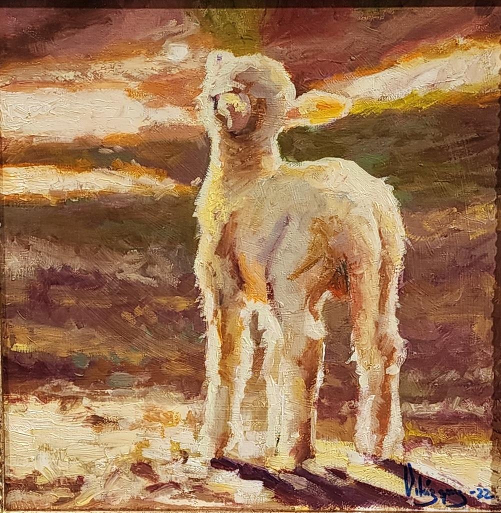 Cristian Mesa Velazquez Animal Painting - Fuzzy, Oil Painting, Realism, Cuban Artist, Sheep, Framed, Free Shipping